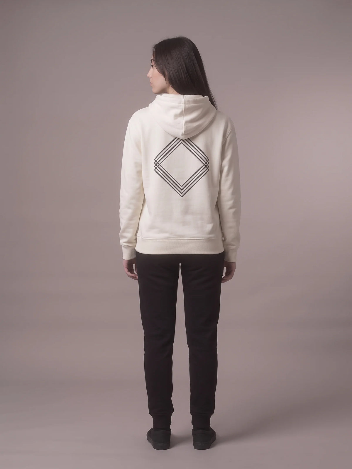 White regular fit hoodie, Unidentity Gem Regular Fit Hoodie, full-length back view worn by woman showing the diamond logo print, streetwear #color_white