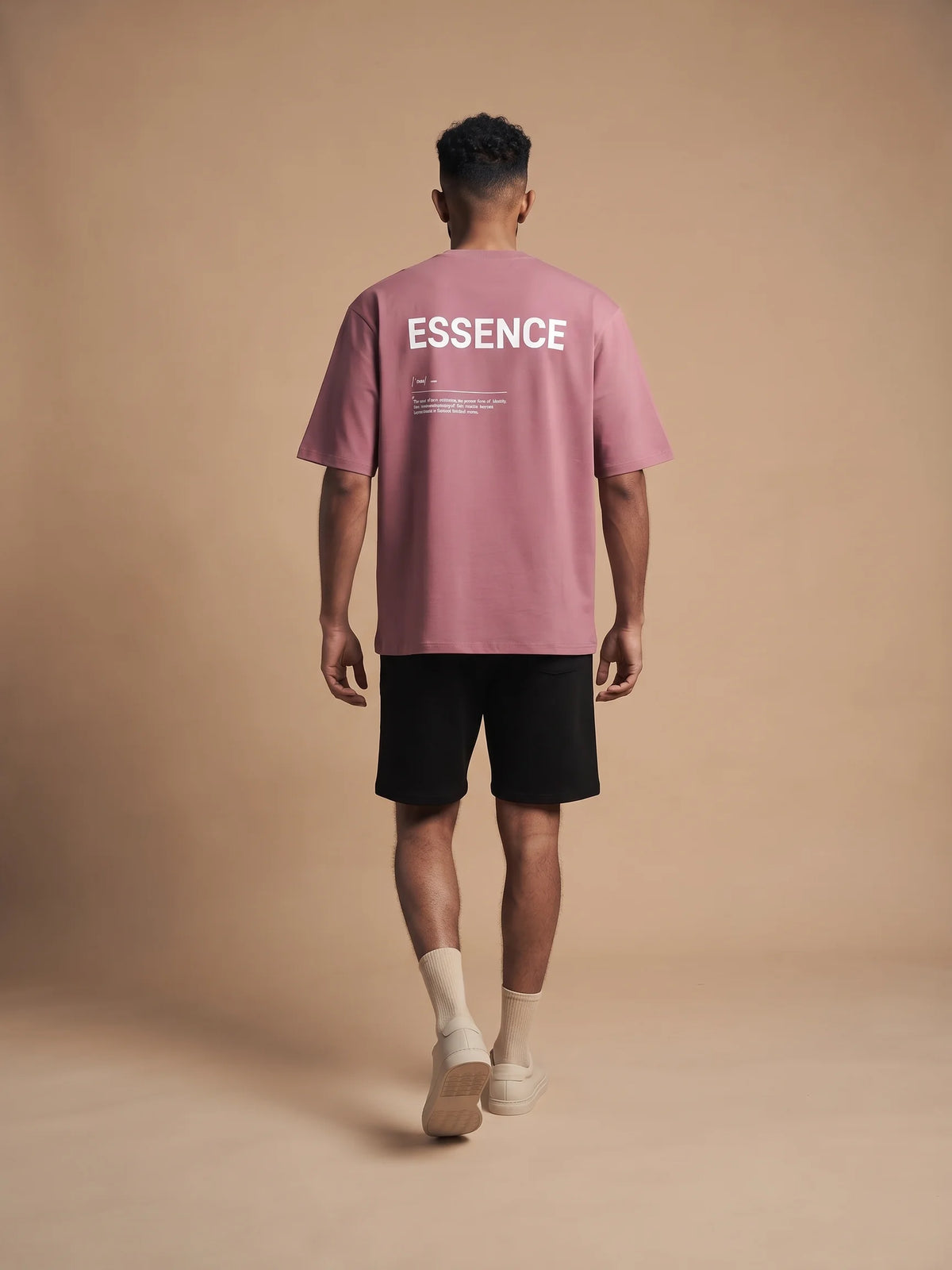 Plum heavyweight oversized t-shirt in organic cotton, Unidentity Soul Tee, back view of the white ESSENCE print on man, 210gsm streetwear from the UAE #color_plum