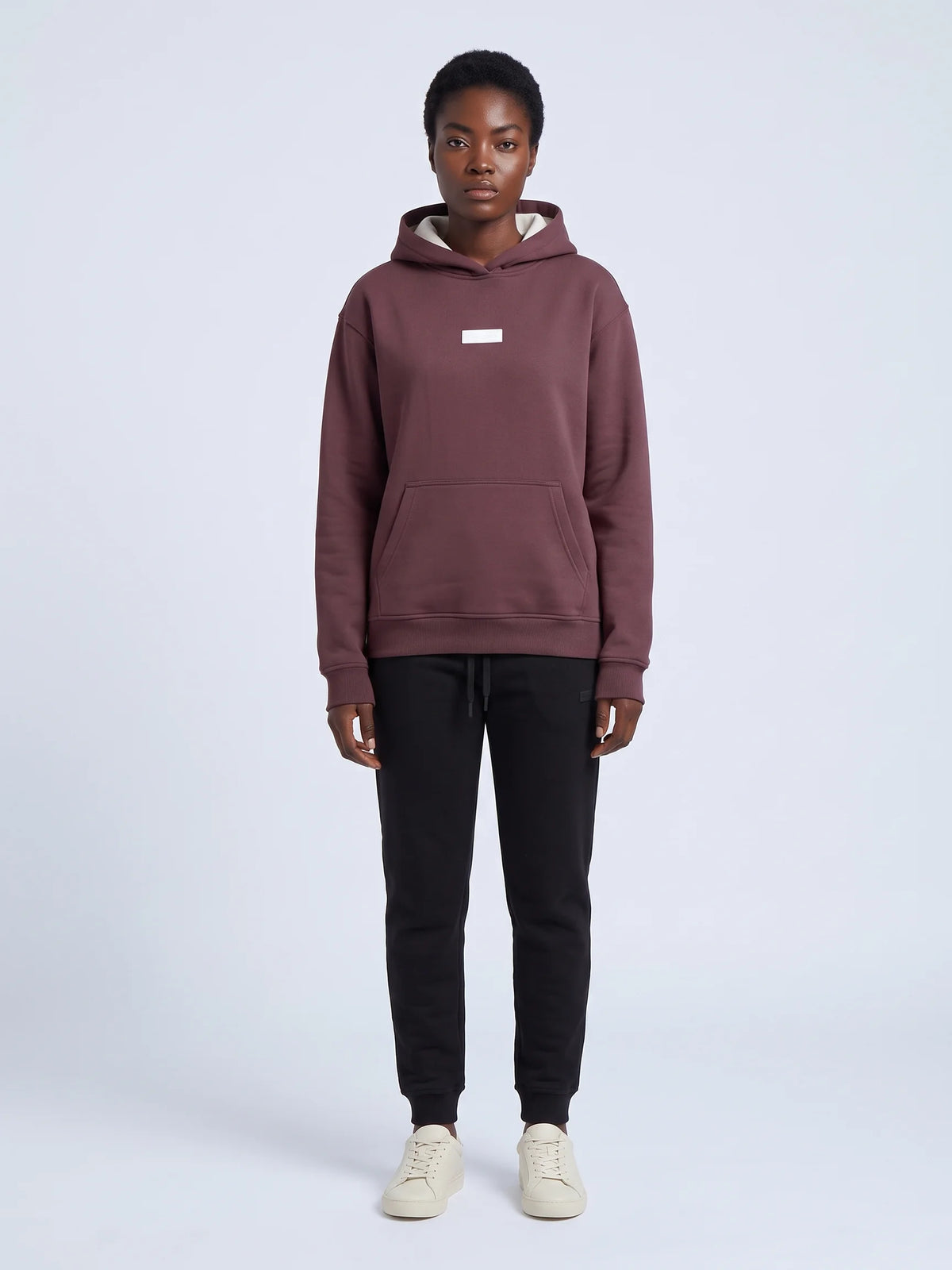 Plum heavyweight hoodie, Unidentity Identity Regular Fit Hoodie, full-length front view with contrast hood lining and black joggers, 390gsm #color_plum