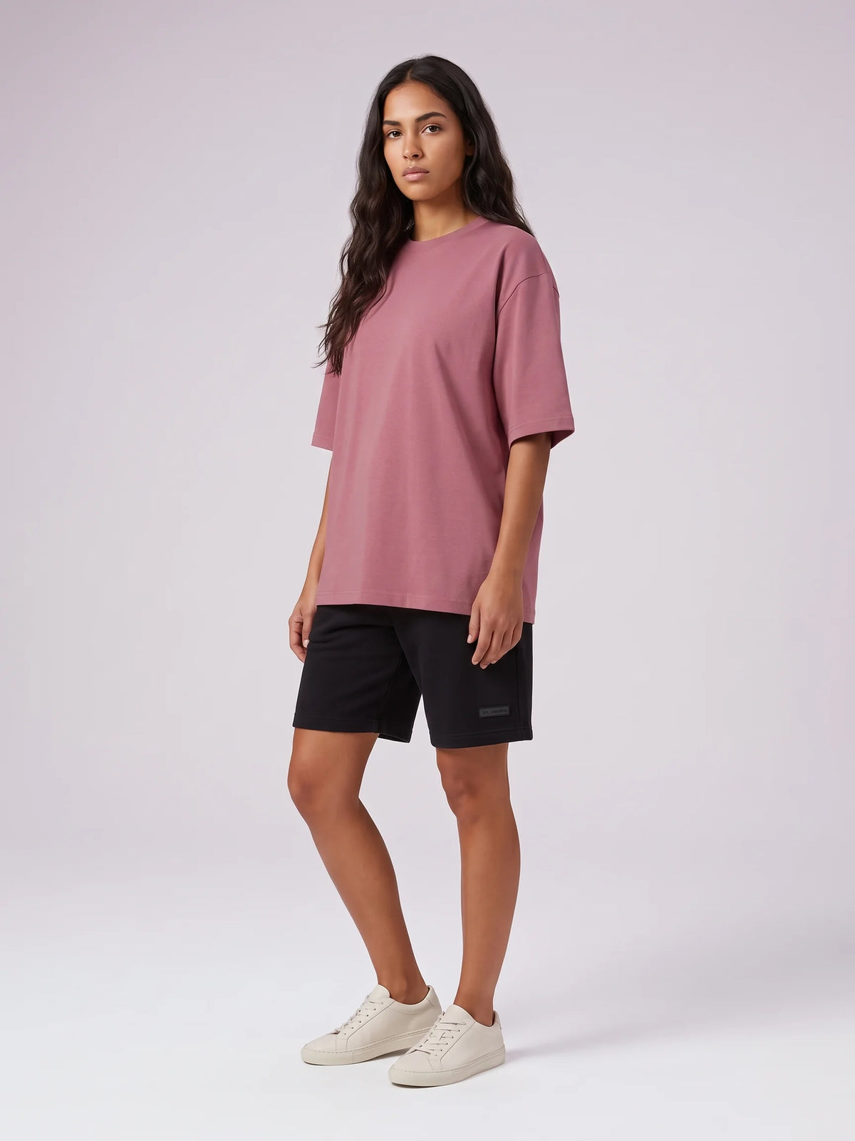 Plum oversized t-shirt in organic cotton, Unidentity Foundation Tee, full-length front view of the graphic-free design, sustainable fashion #color_plum