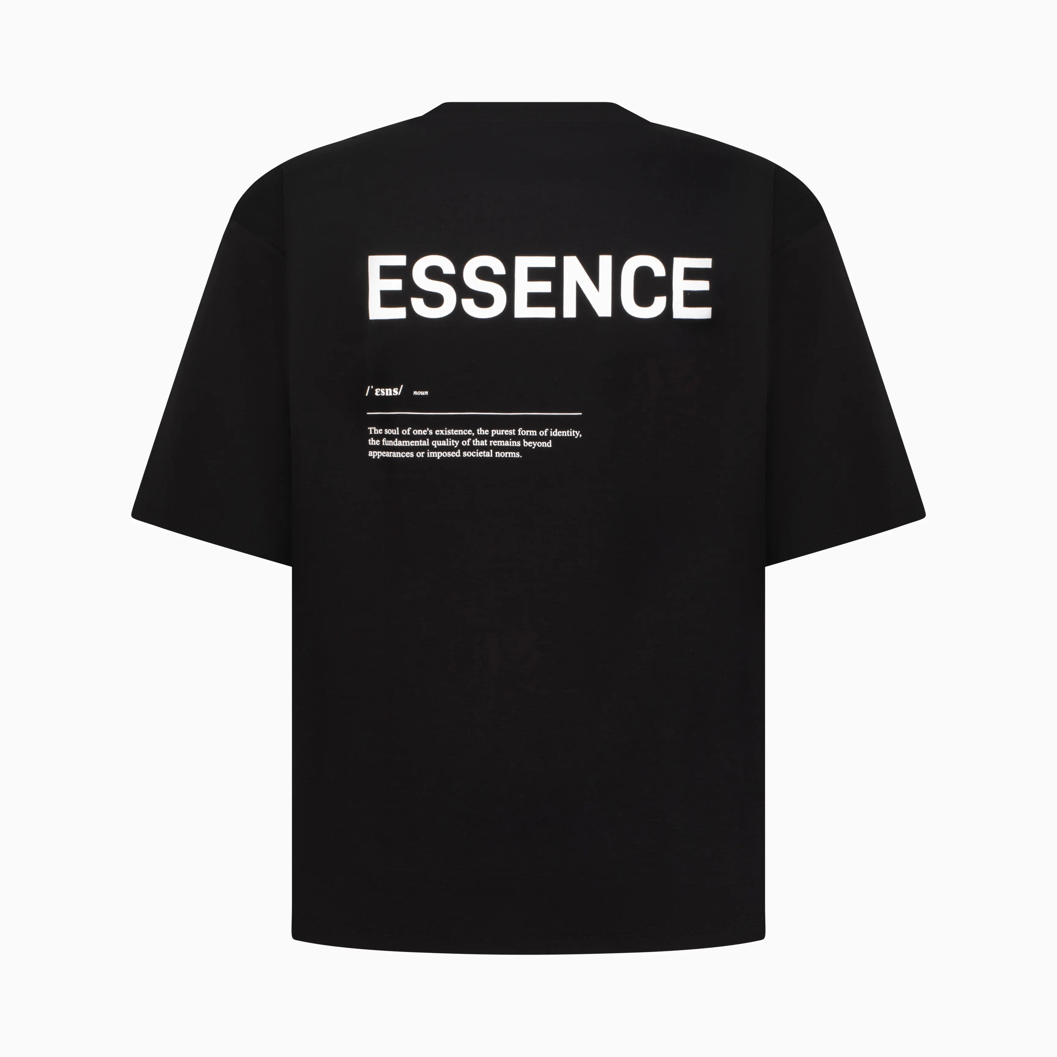 Black T-shirt with ESSENCE printed in white on the back. #color_black