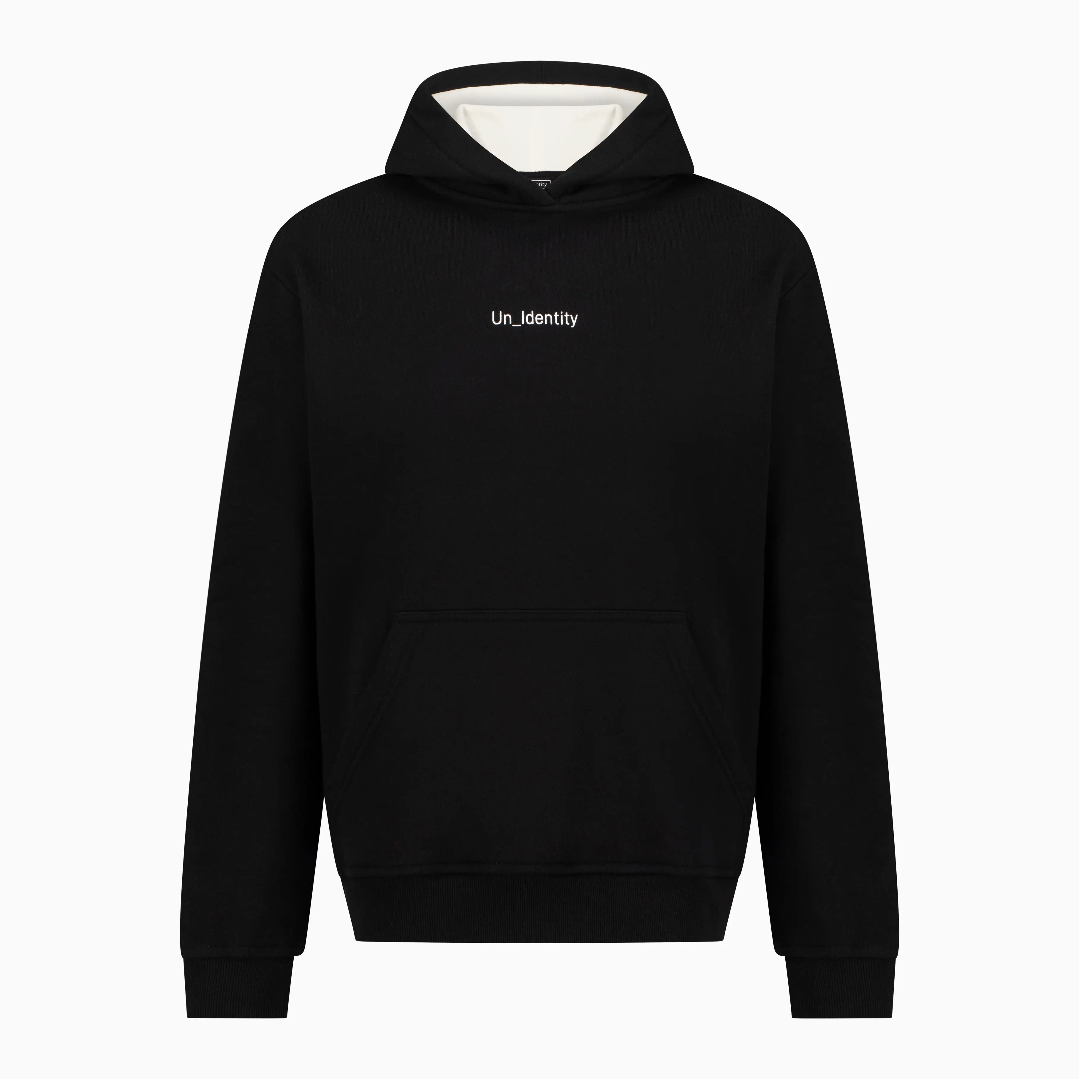 Black hoodie with white Unidentity text on the chest