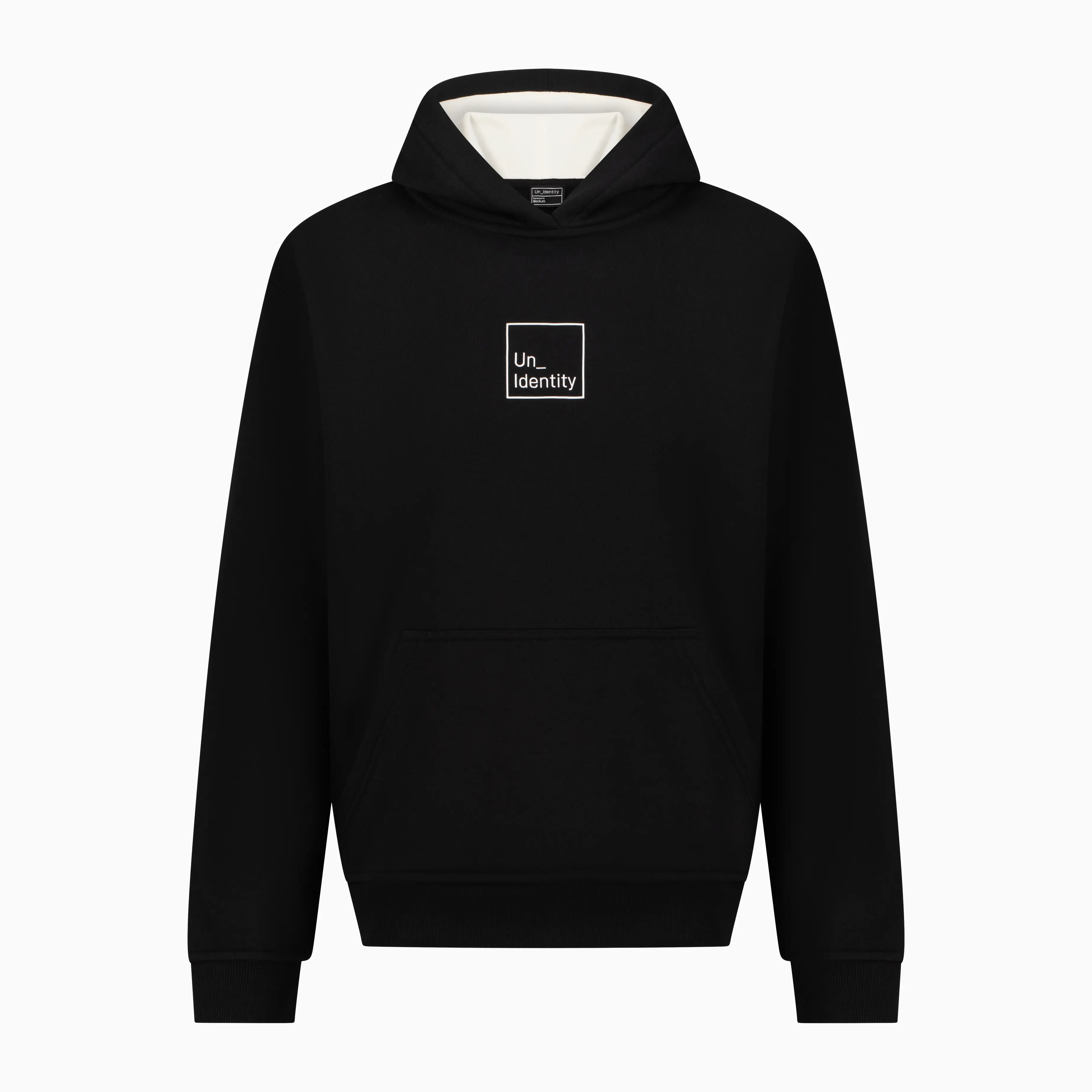 Black hoodie with white Unidentity logo on the chest
