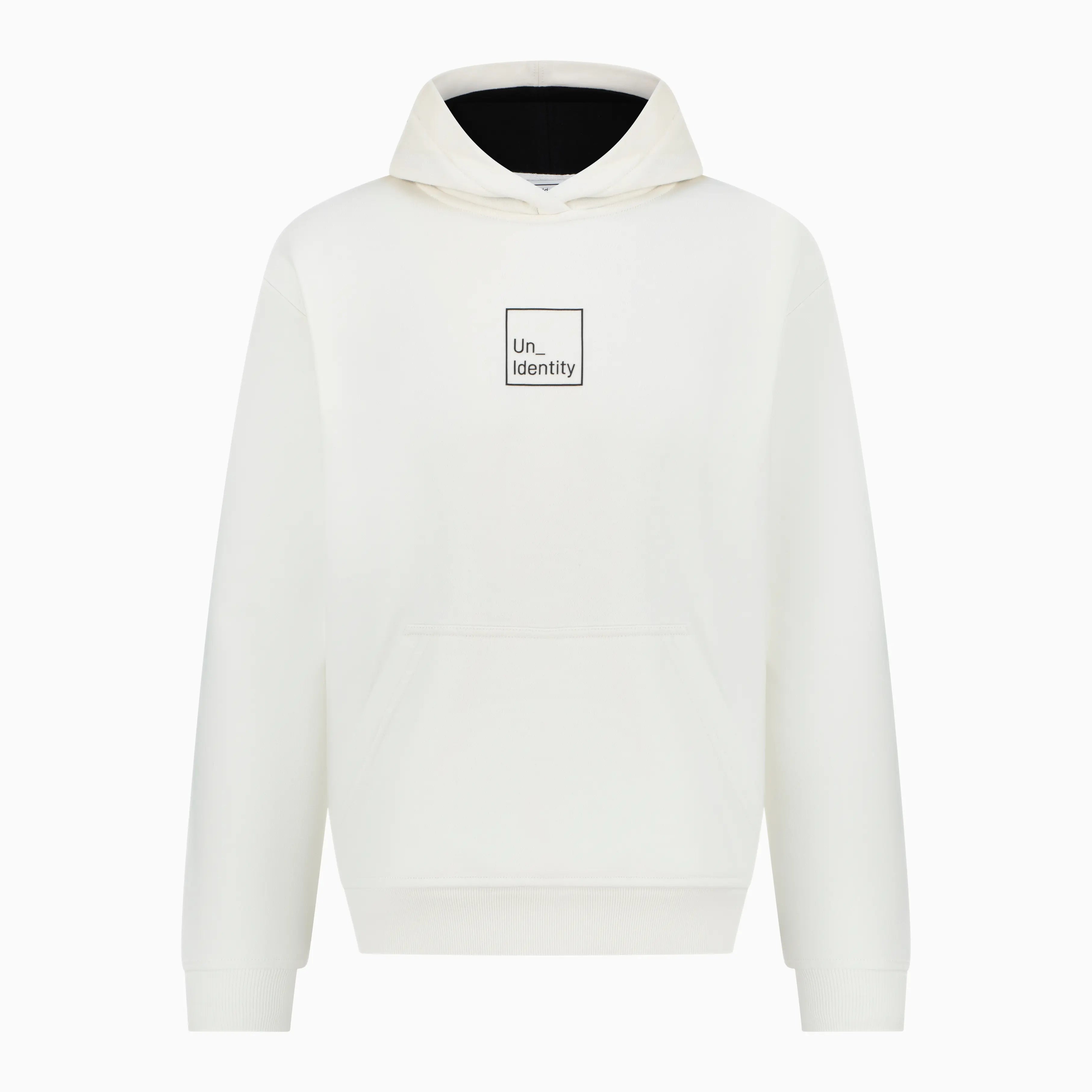 White hoodie with small Unidentity logo
