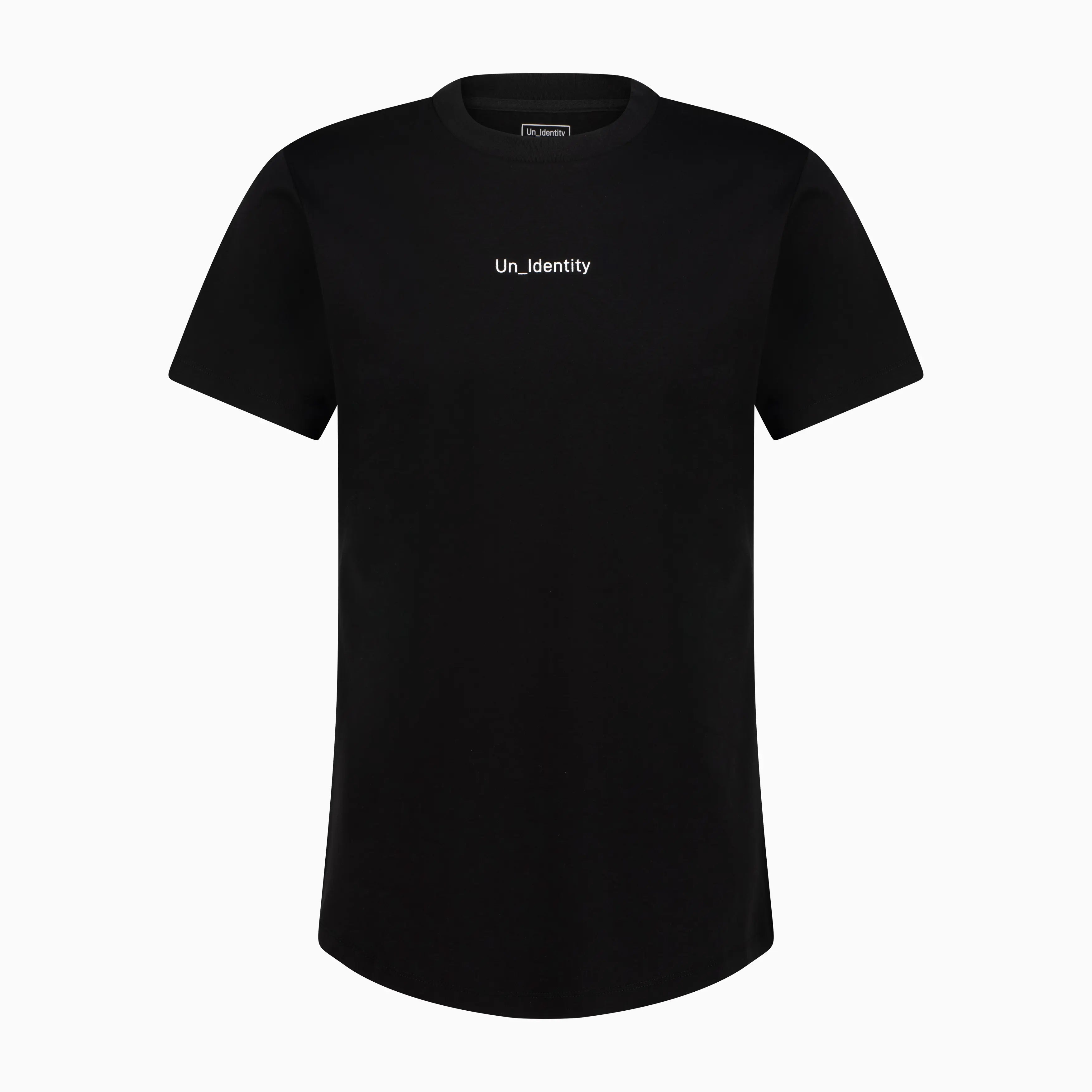 Black T-shirt with white Unidentity logo on the chest. #color_black
