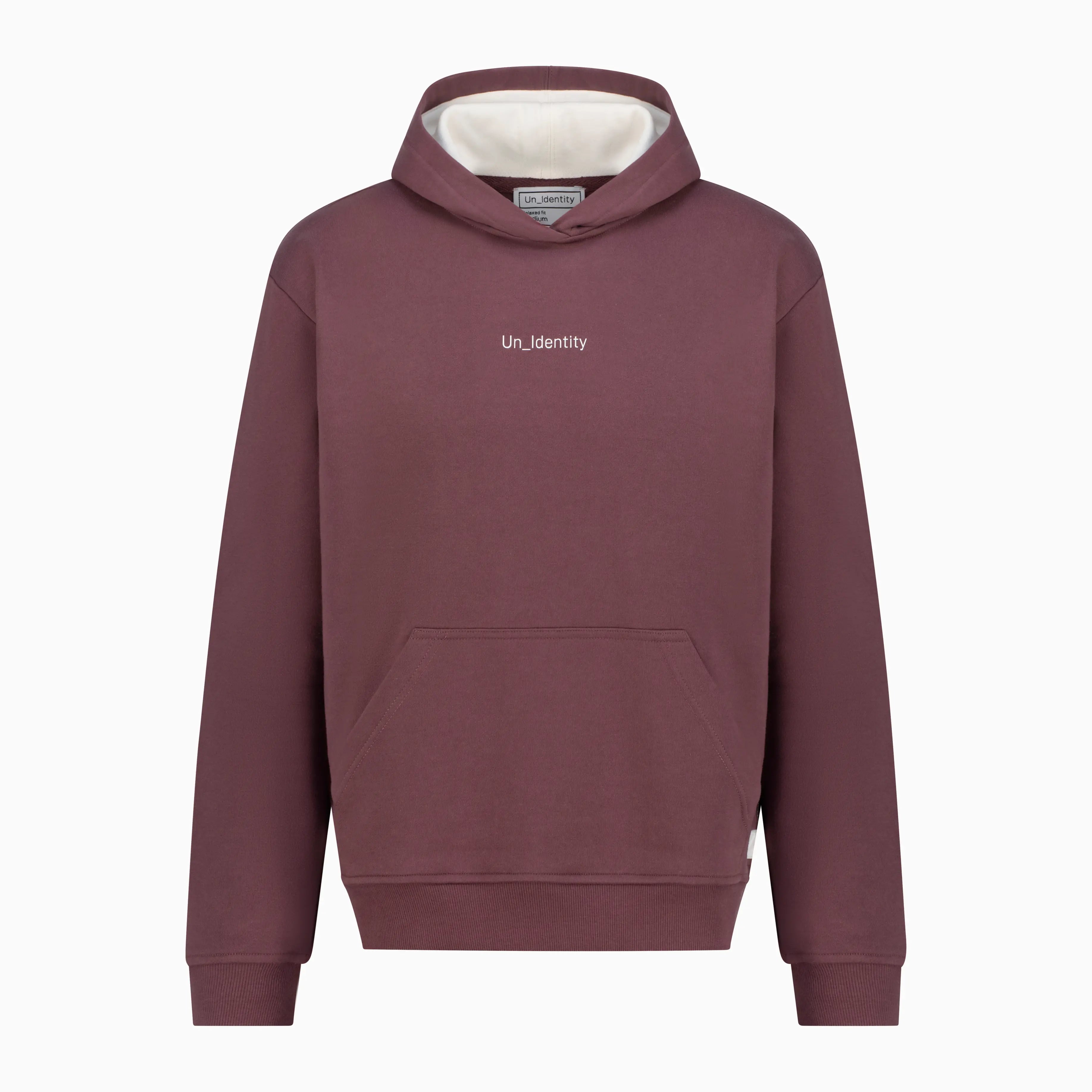 Plum hoodie with Unidentity logo on the chest
