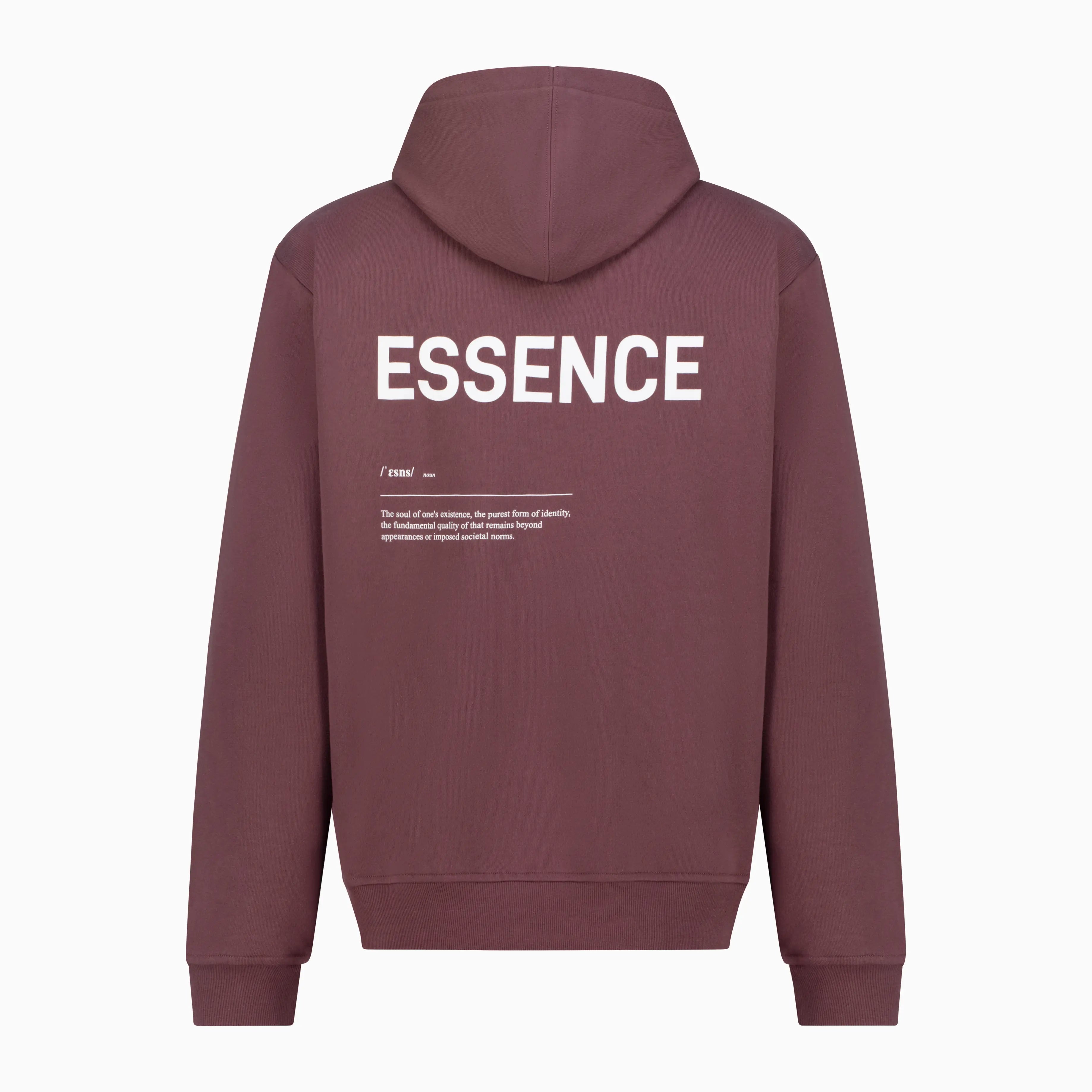 Maroon Unidentity hoodie with white ESSENCE text on the back