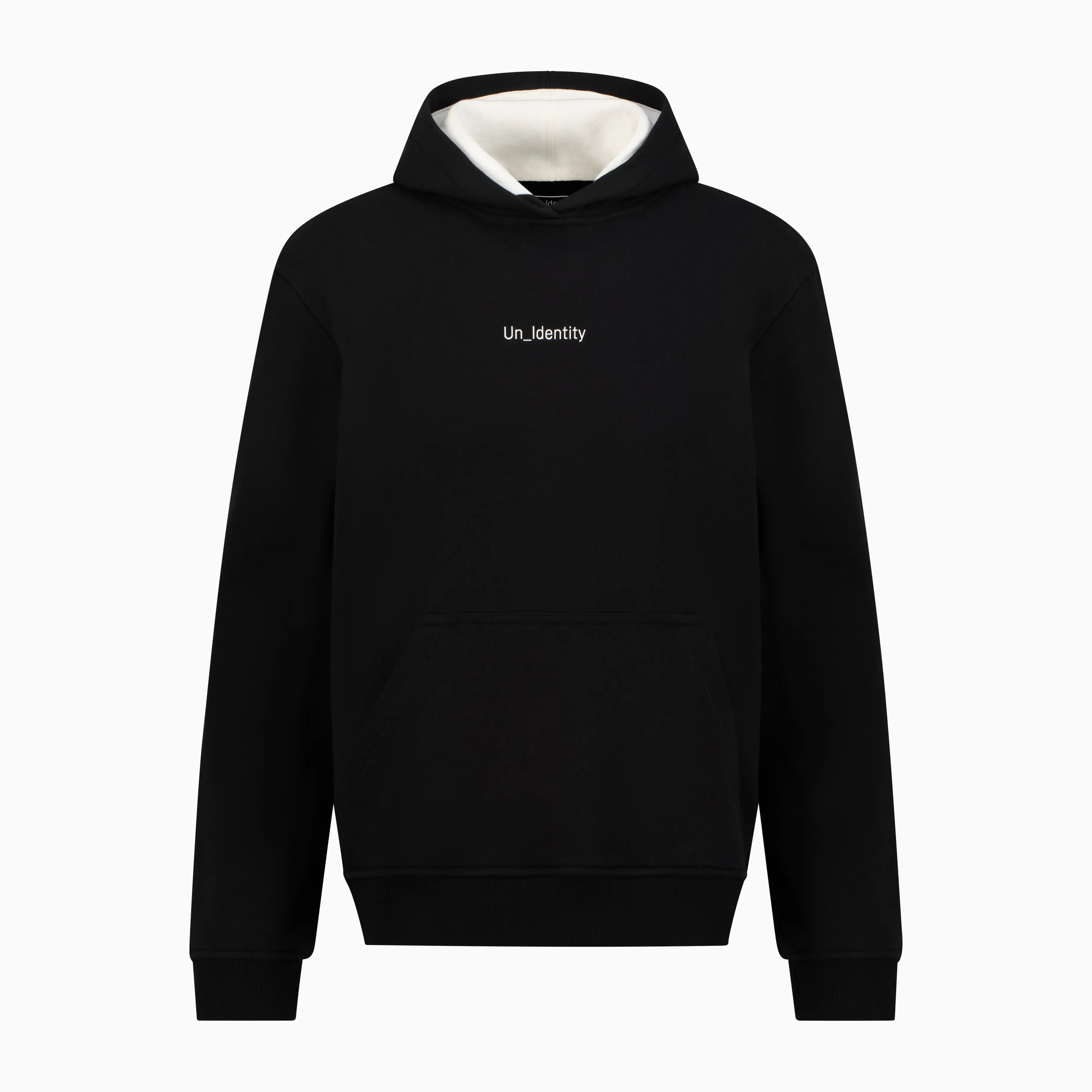 Black hoodie with white Unidentity logo on the chest