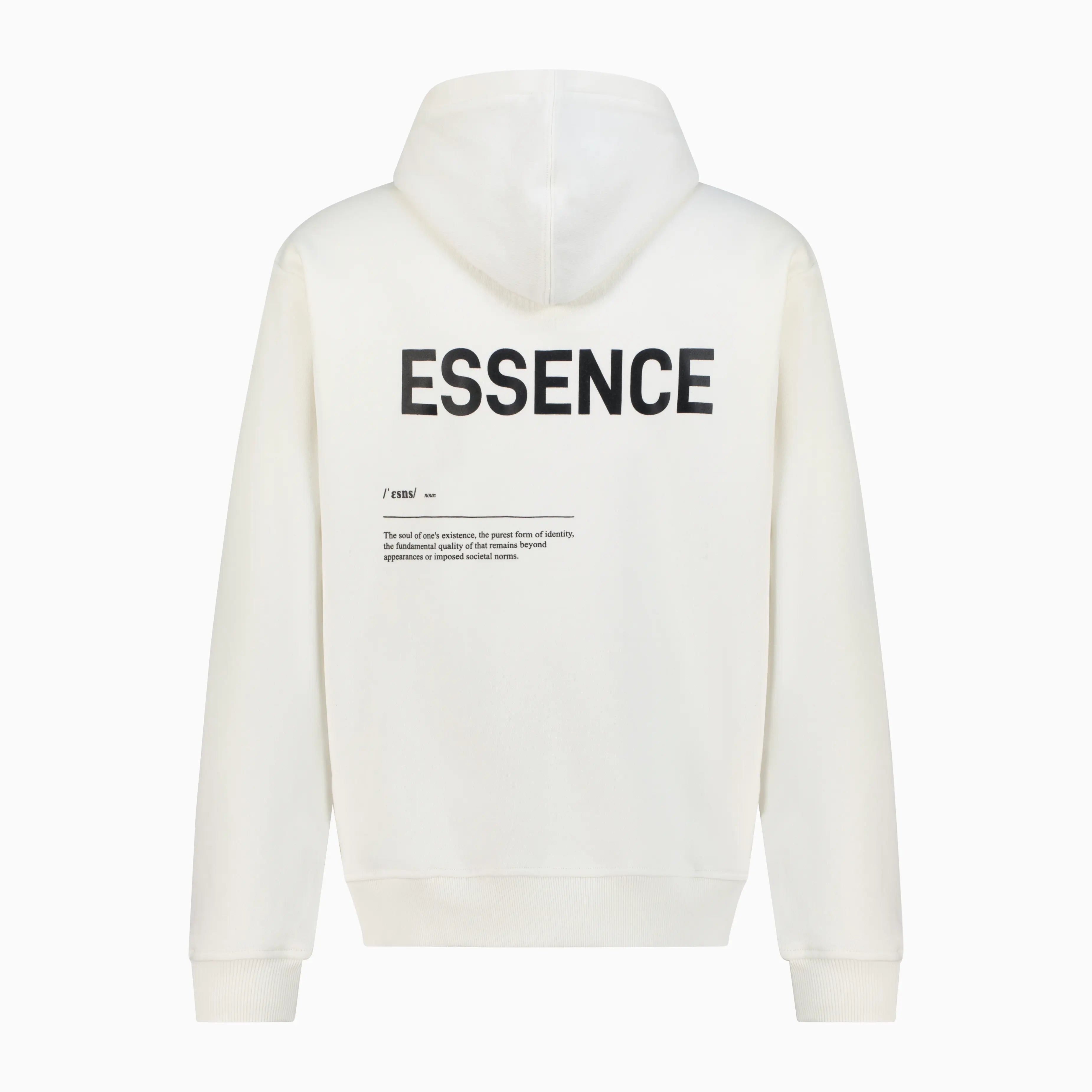 White hoodie with black ESSENCE text on the back