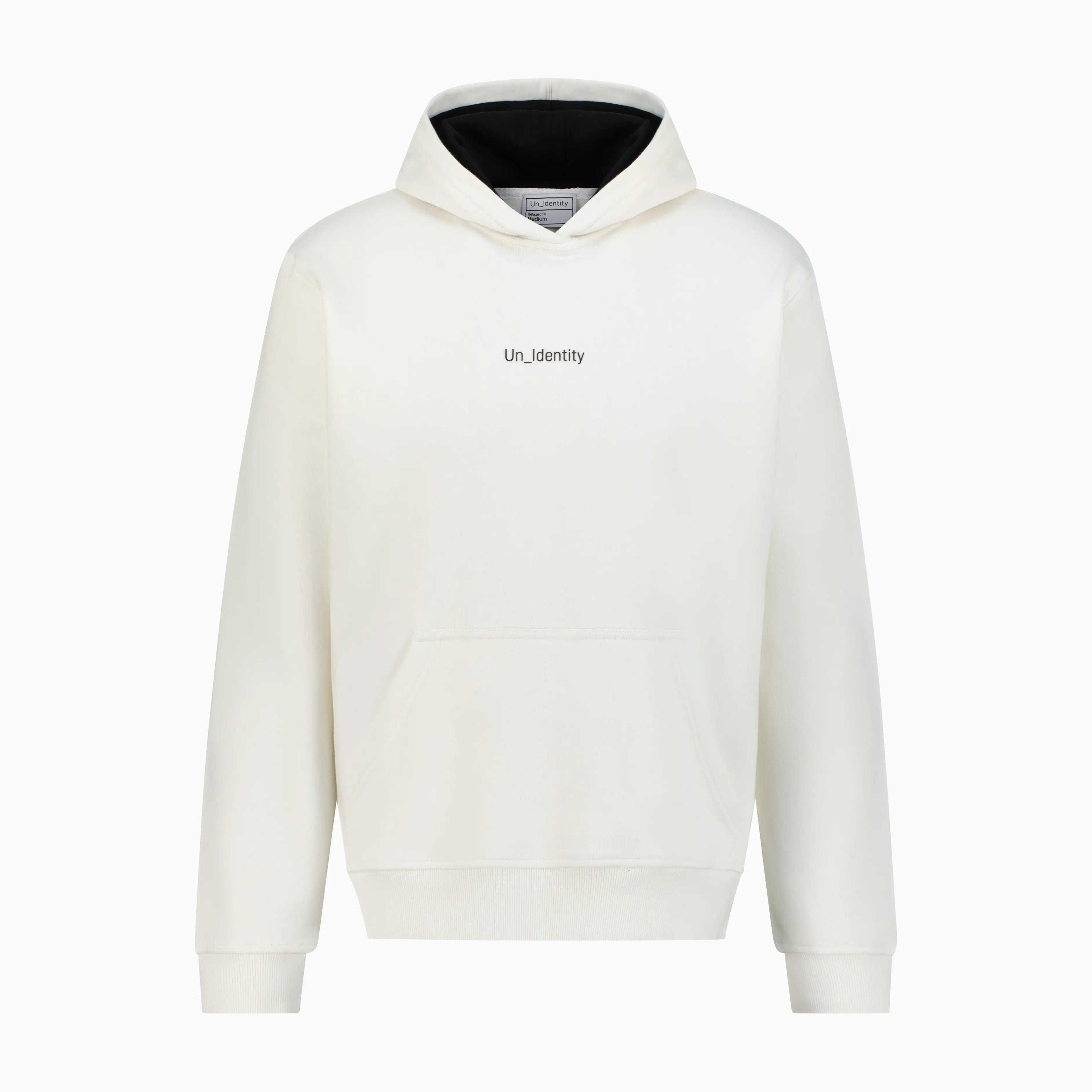 White hoodie with black Unidentity logo on the chest