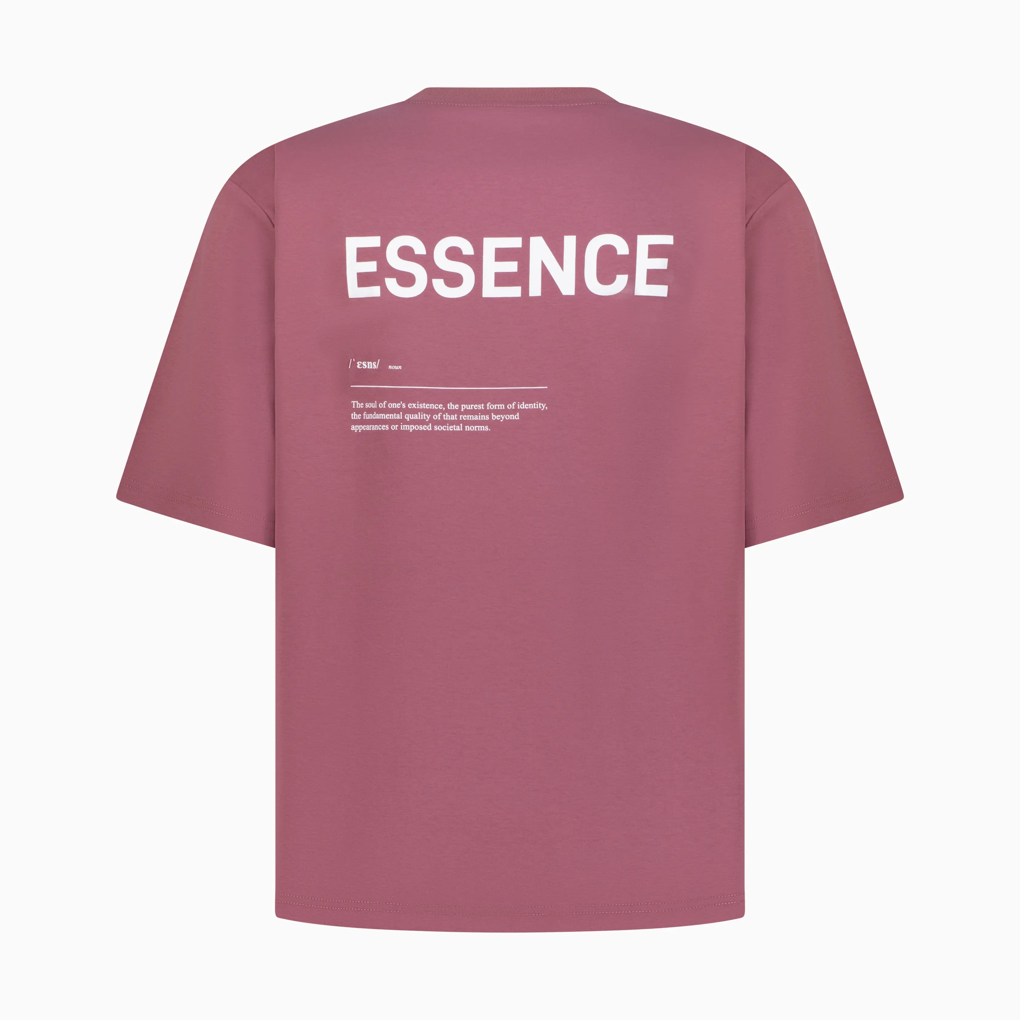 Maroon T-shirt with ESSENCE printed in white on the back. #color_plum