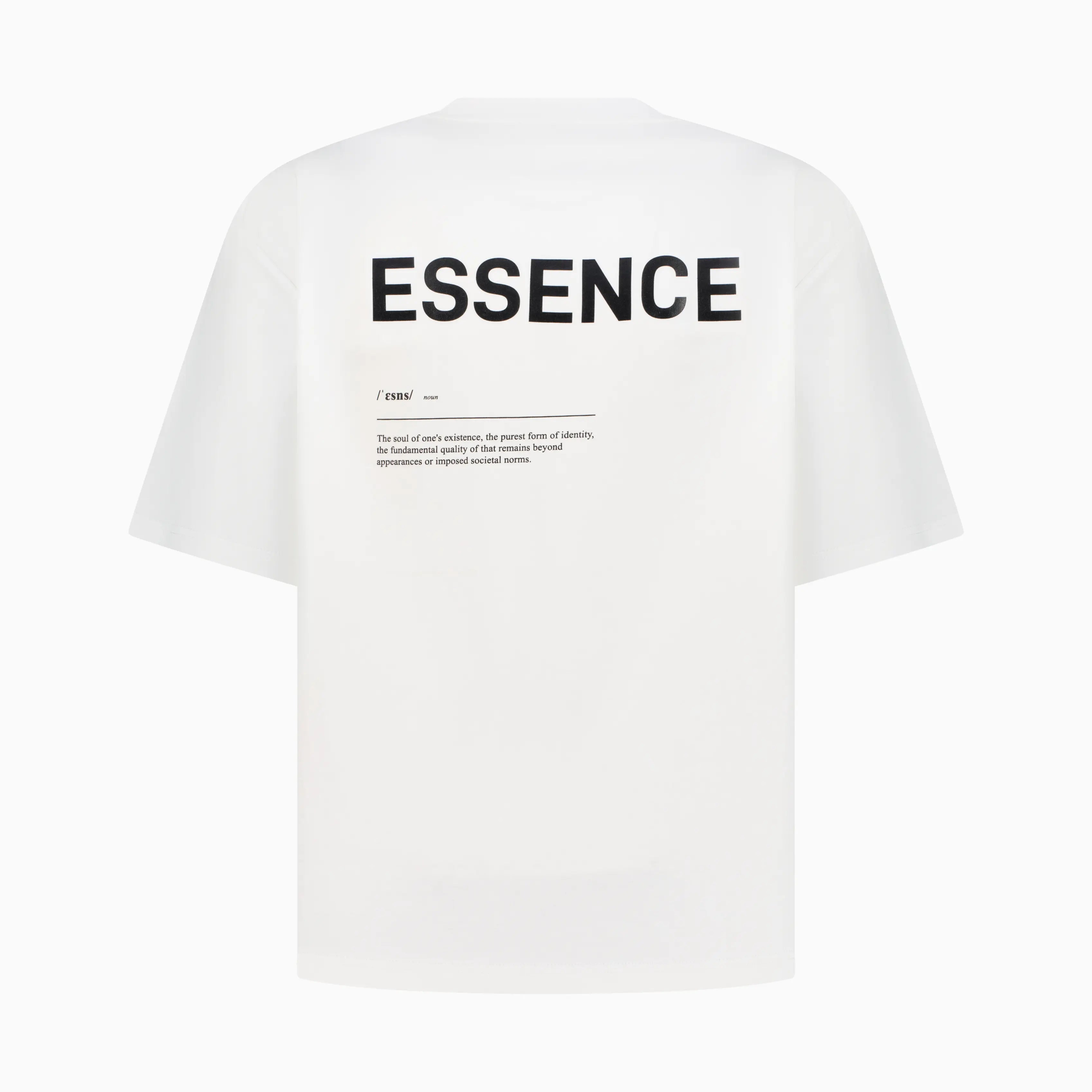 White Unidentity tee with black ESSENCE text on the back. #color_white