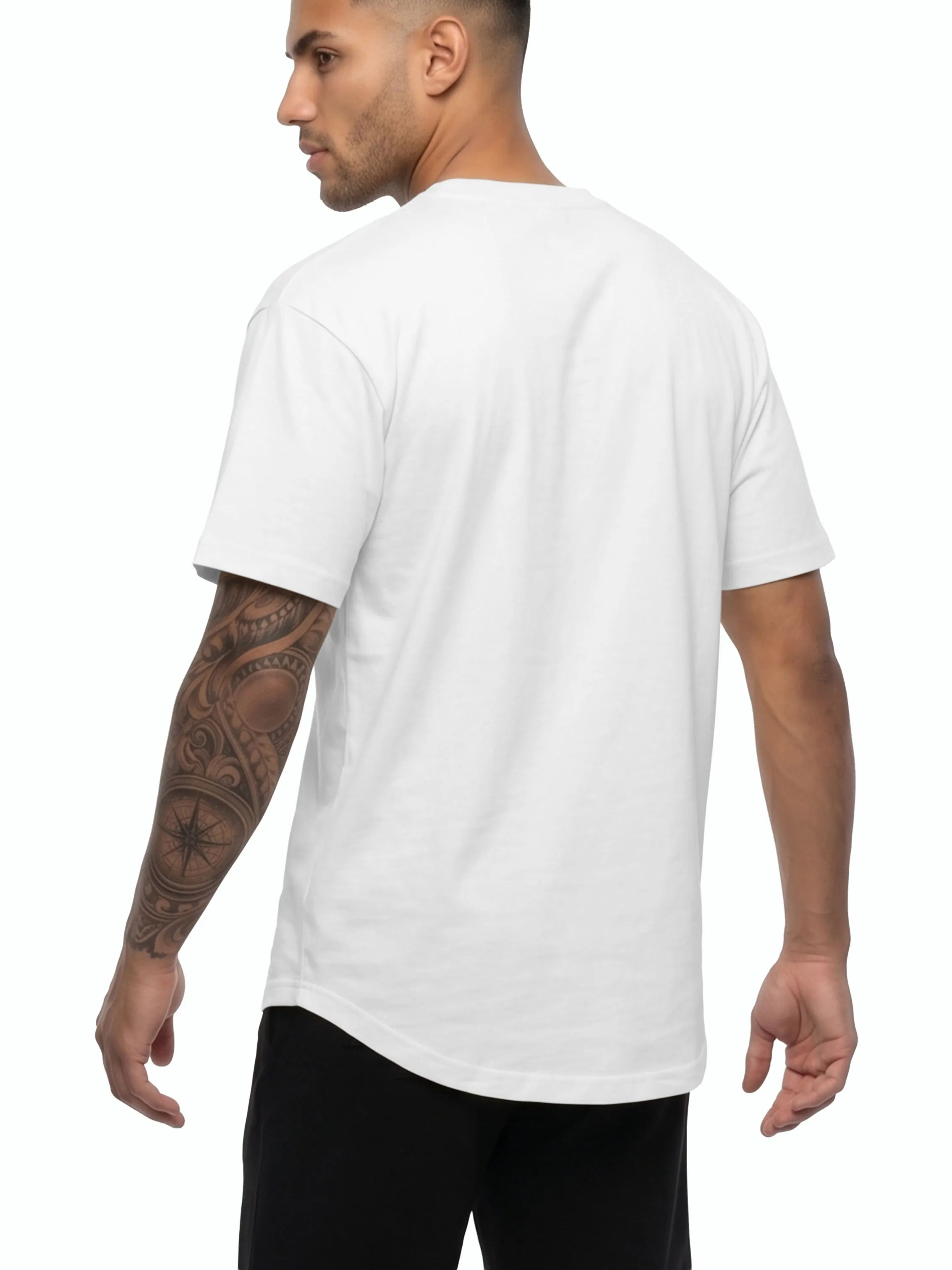 Model wearing white T-shirt, back view. #color_white