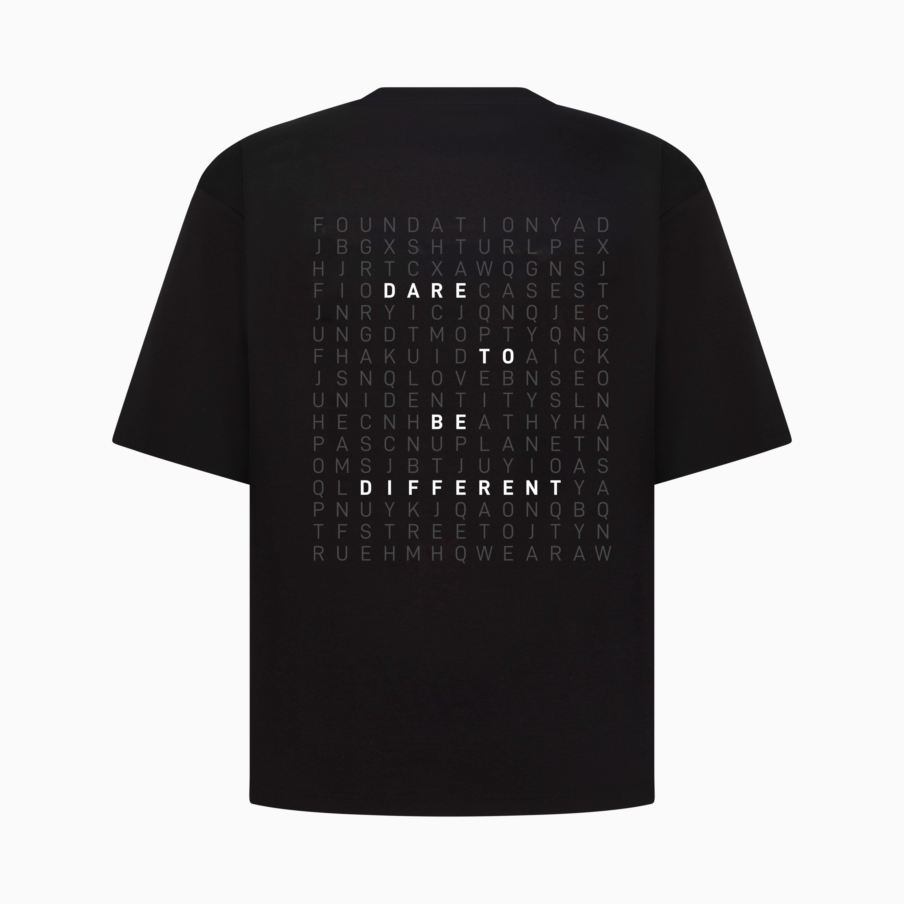 Black t-shirt with text design on the back on a white background. #color_black