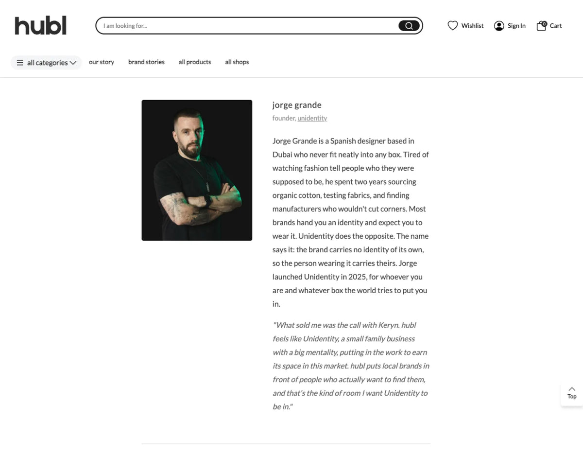 hubl post about Jorge Grande, Unidentity founder. The post is about his and the brand story.