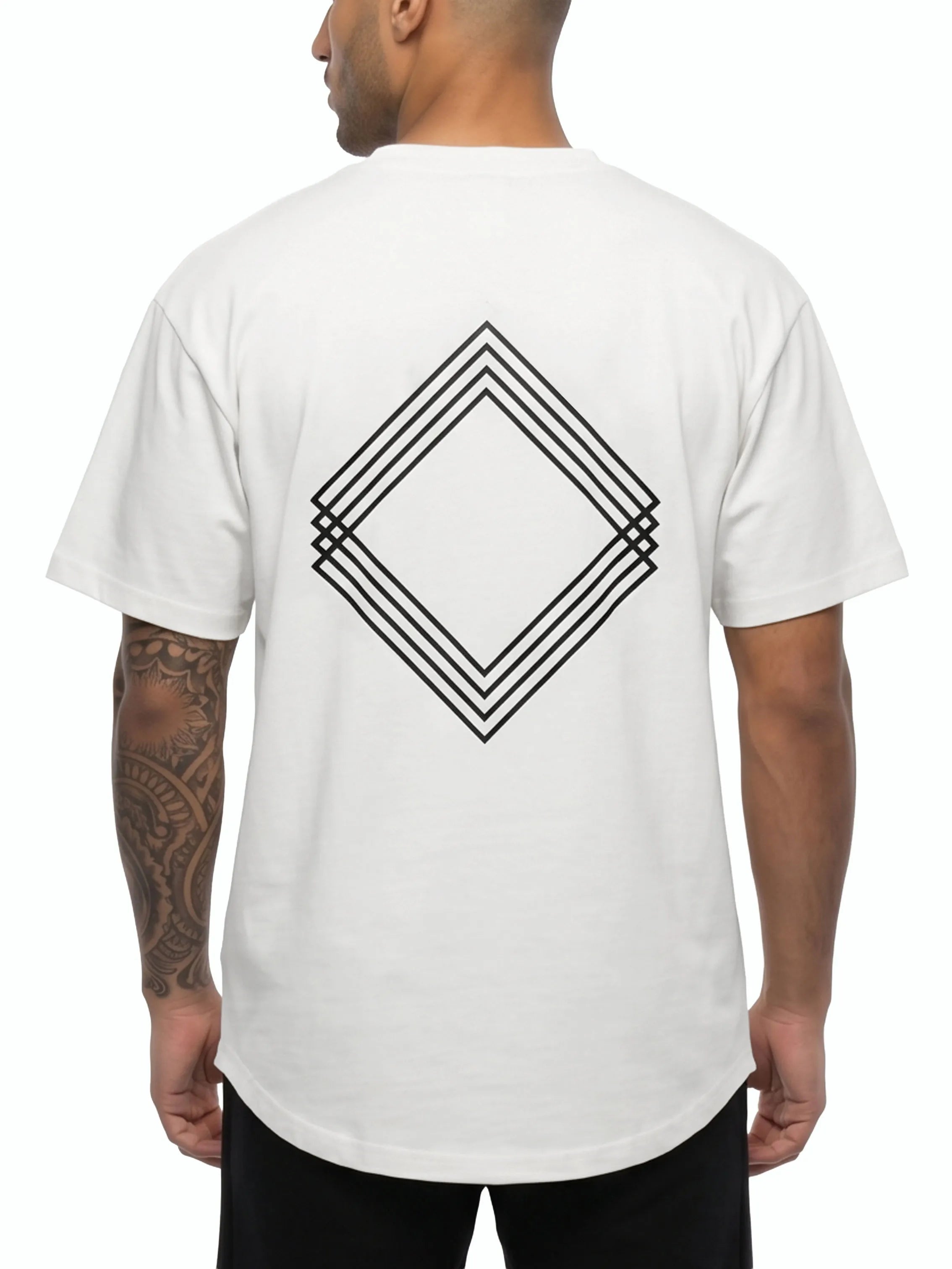 Model wearing white T-shirt with black Gem Unidentity logo on the back. #color_white