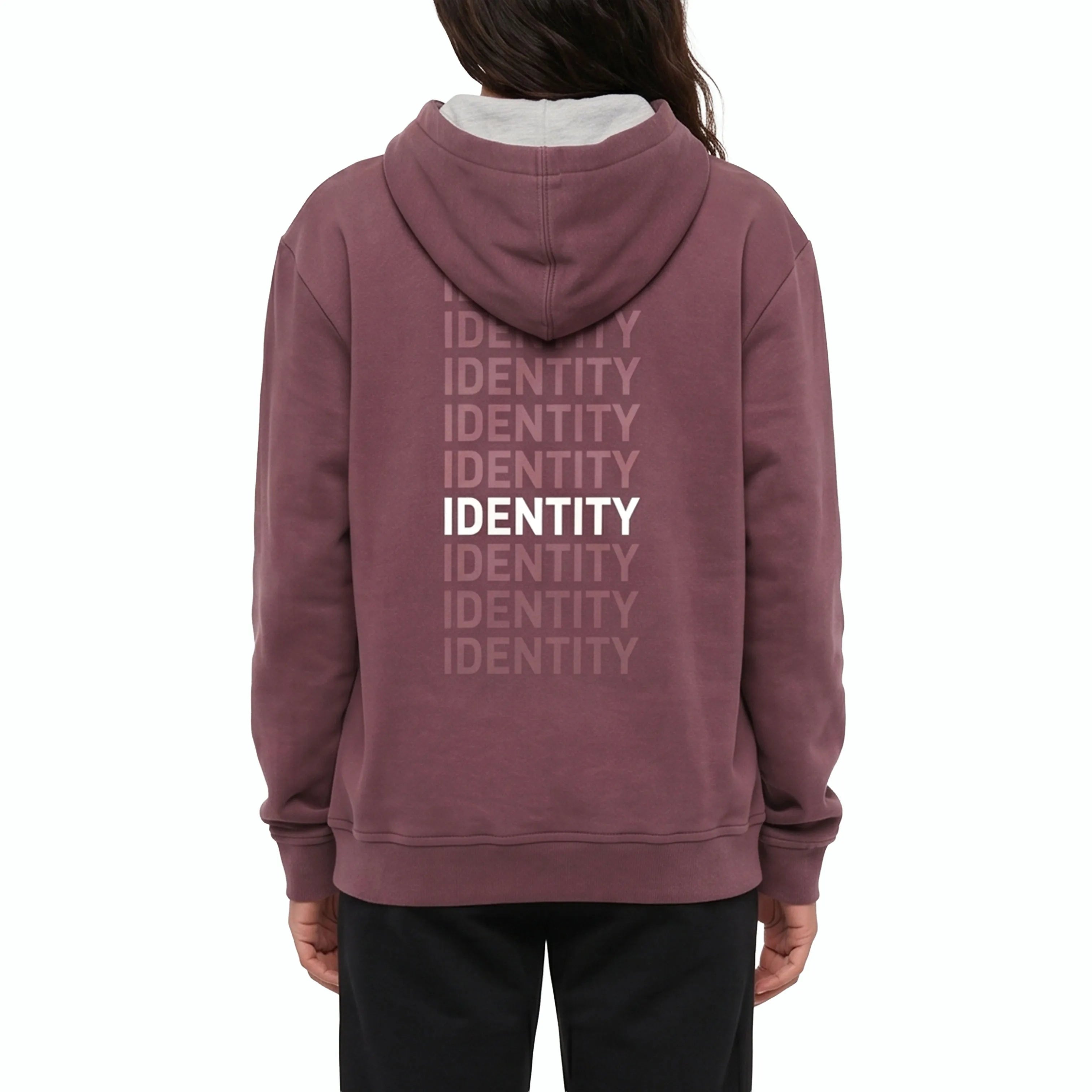 Beige plum with identity text on the back on model. #color_plum