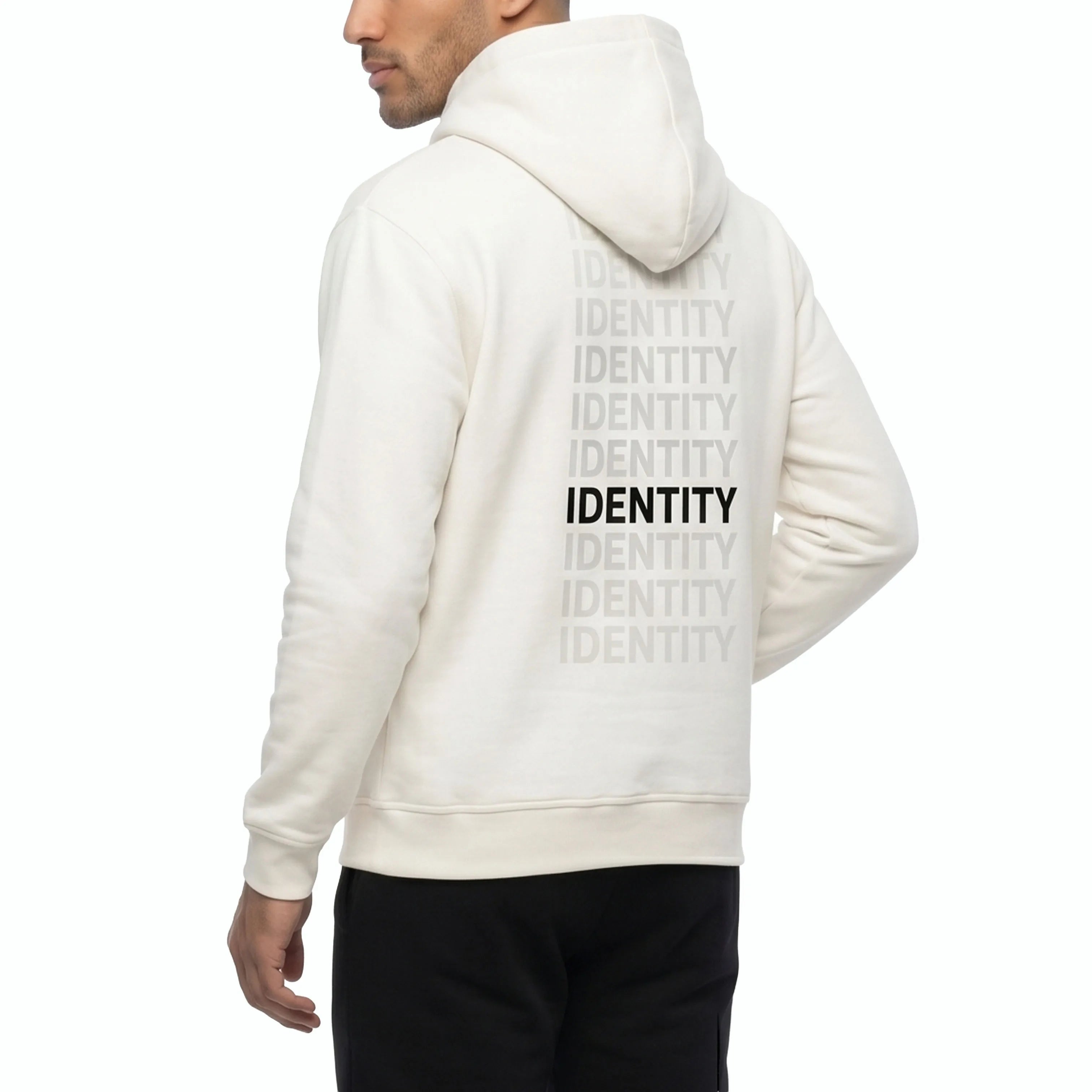 White hoodie with identity text on the back on model. #color_white