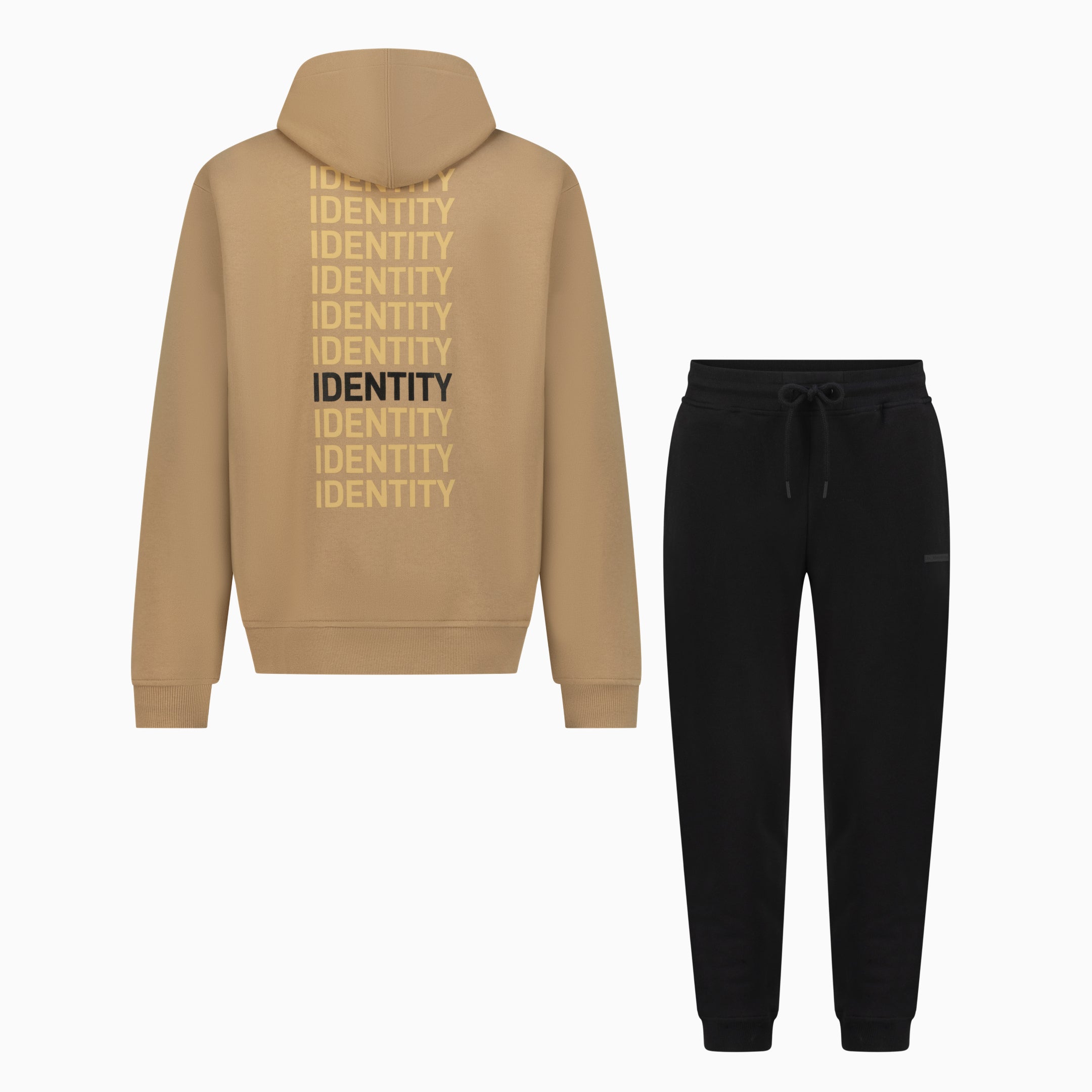 Beige hoodie with identity text on the back and black pants