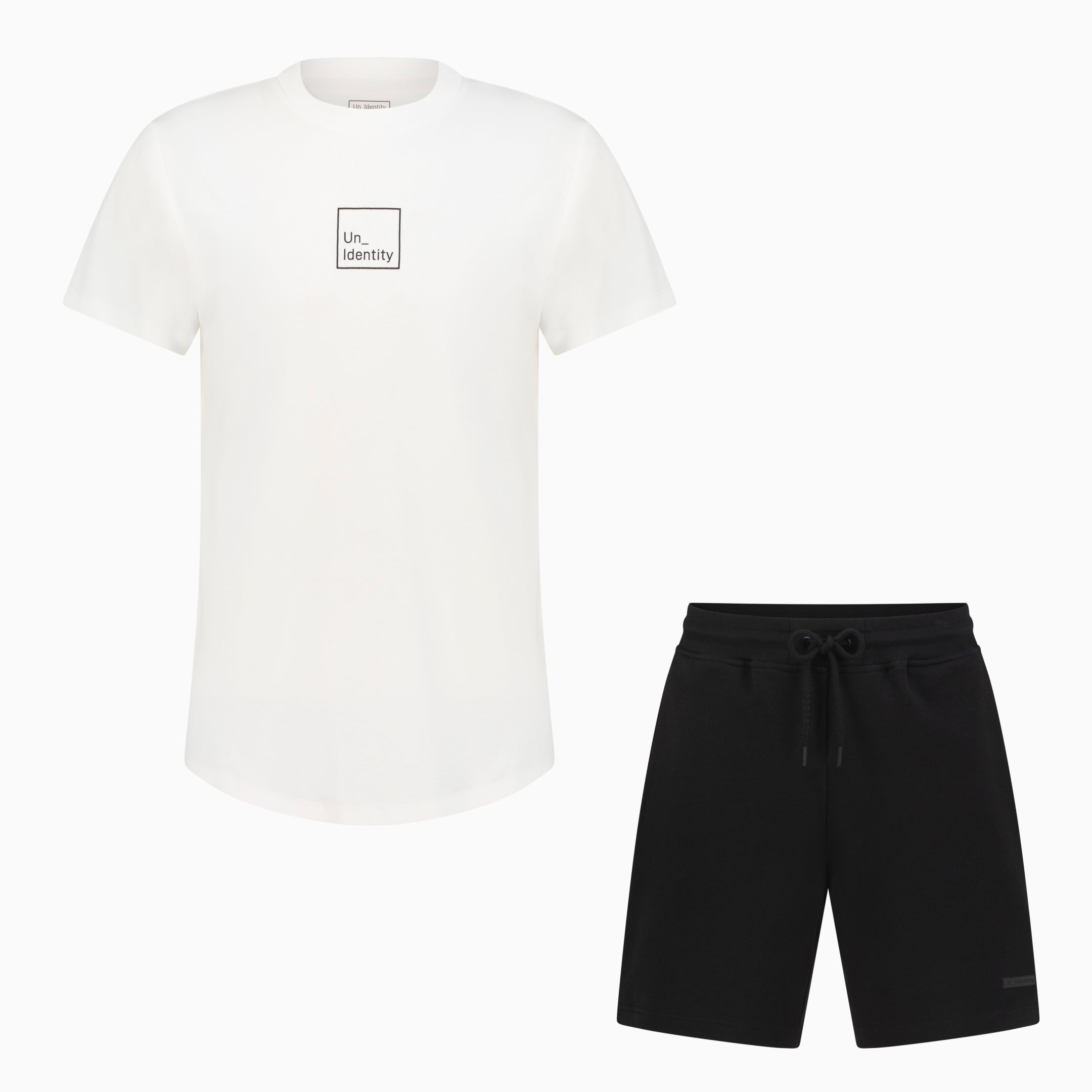 White Unidentity T-shirt and black shorts