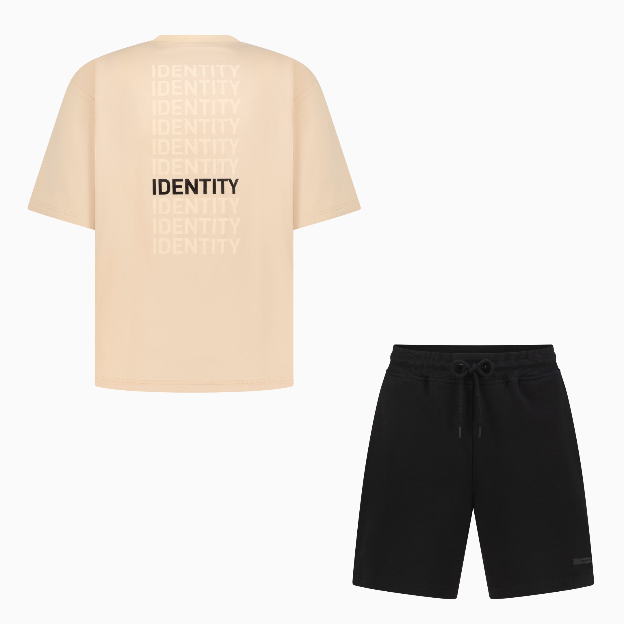 Beige T-shirt with identity text on the back and black shorts with drawstring
