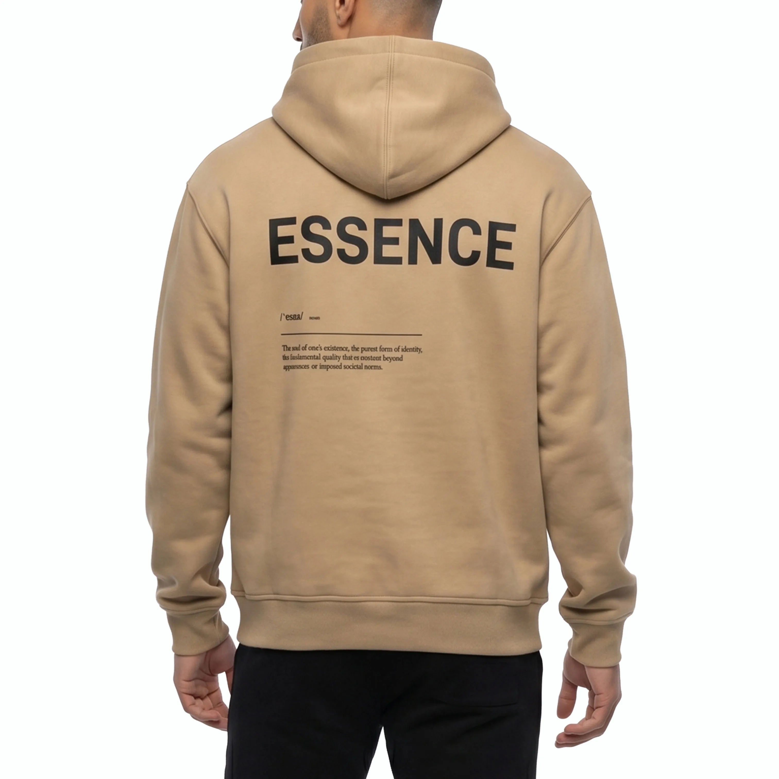 Person wearing Unidentity beige hoodie with ESSENCE printed on the back. #color_beige