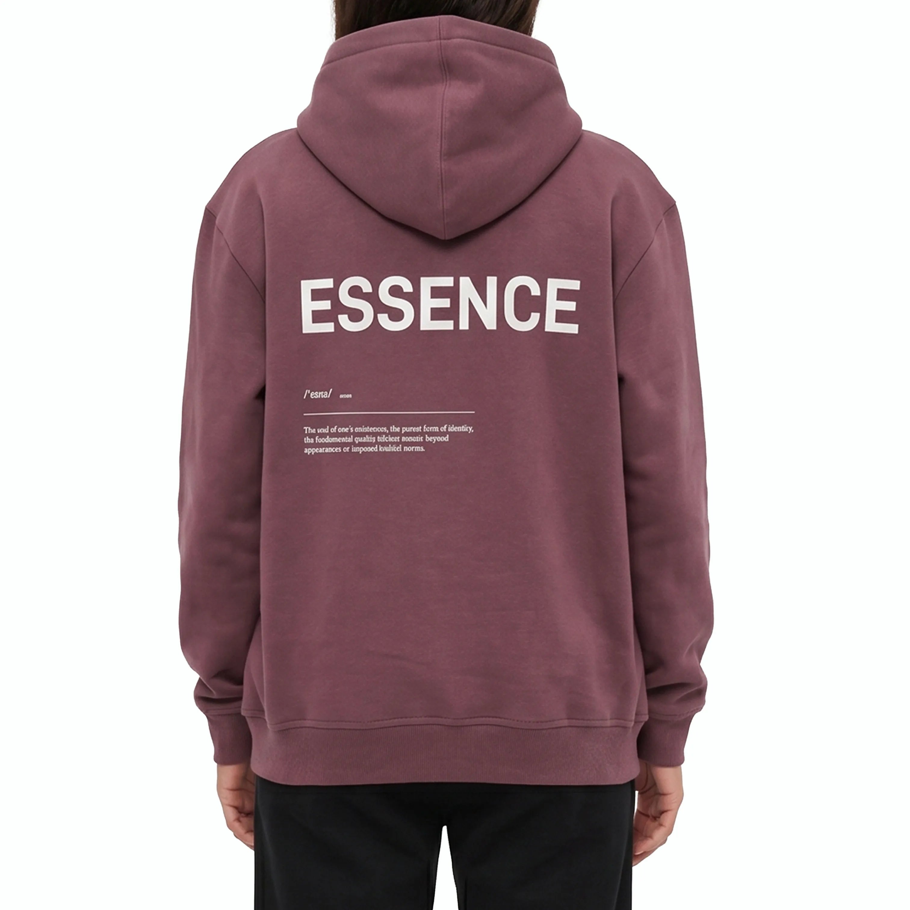 Person wearing Unidentity plum hoodie with ESSENCE printed on the back. #color_plum