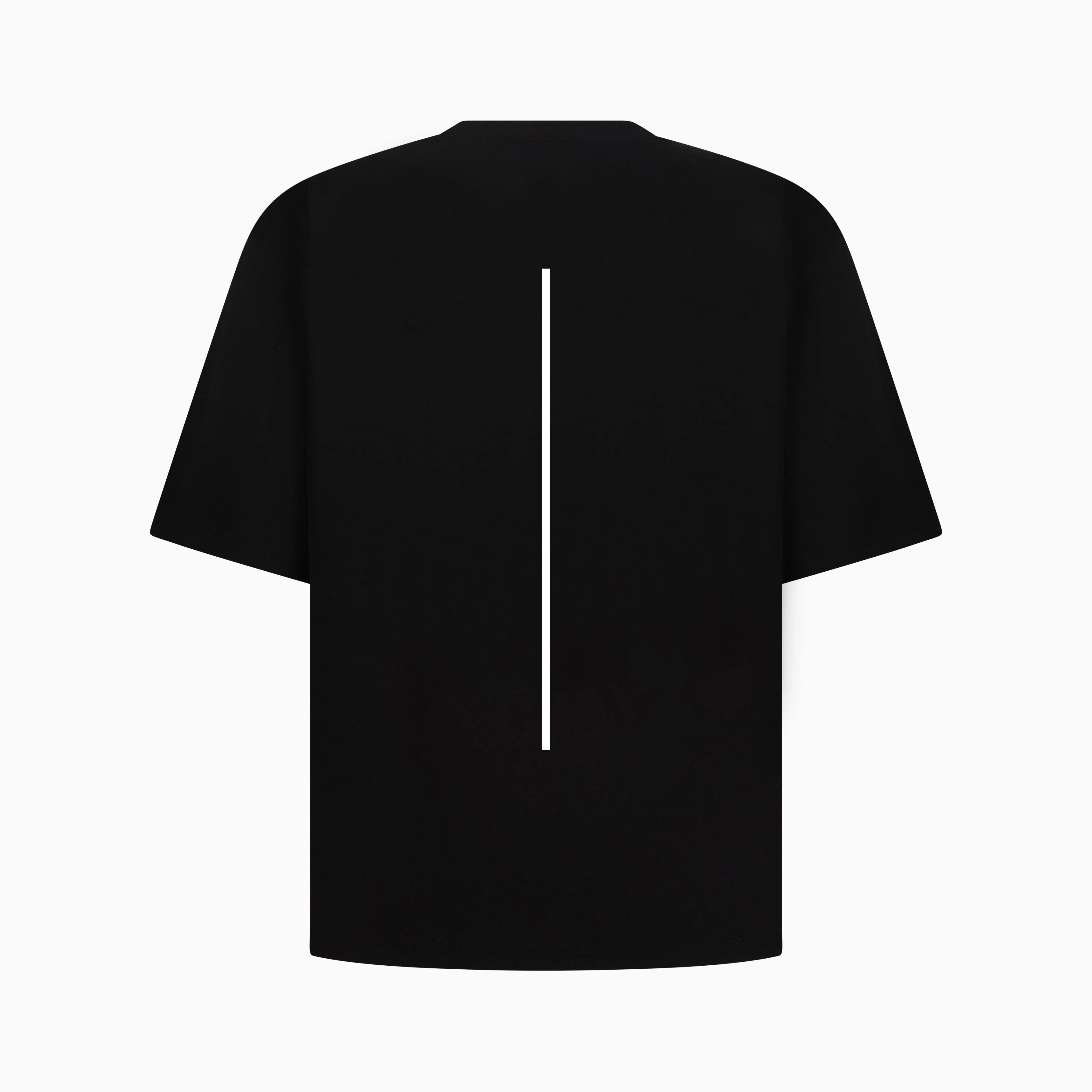Black T-shirt with a line printed on the back. #color_black