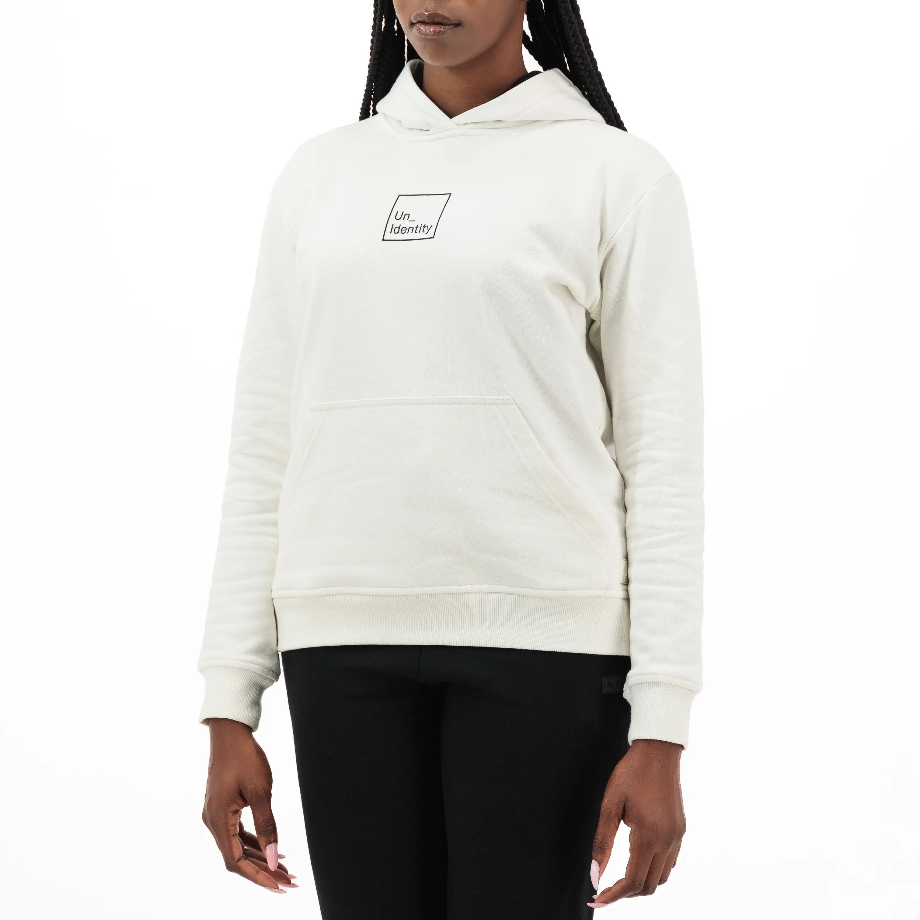 Model wearing white hoodie with black Unidentity logo on the chest