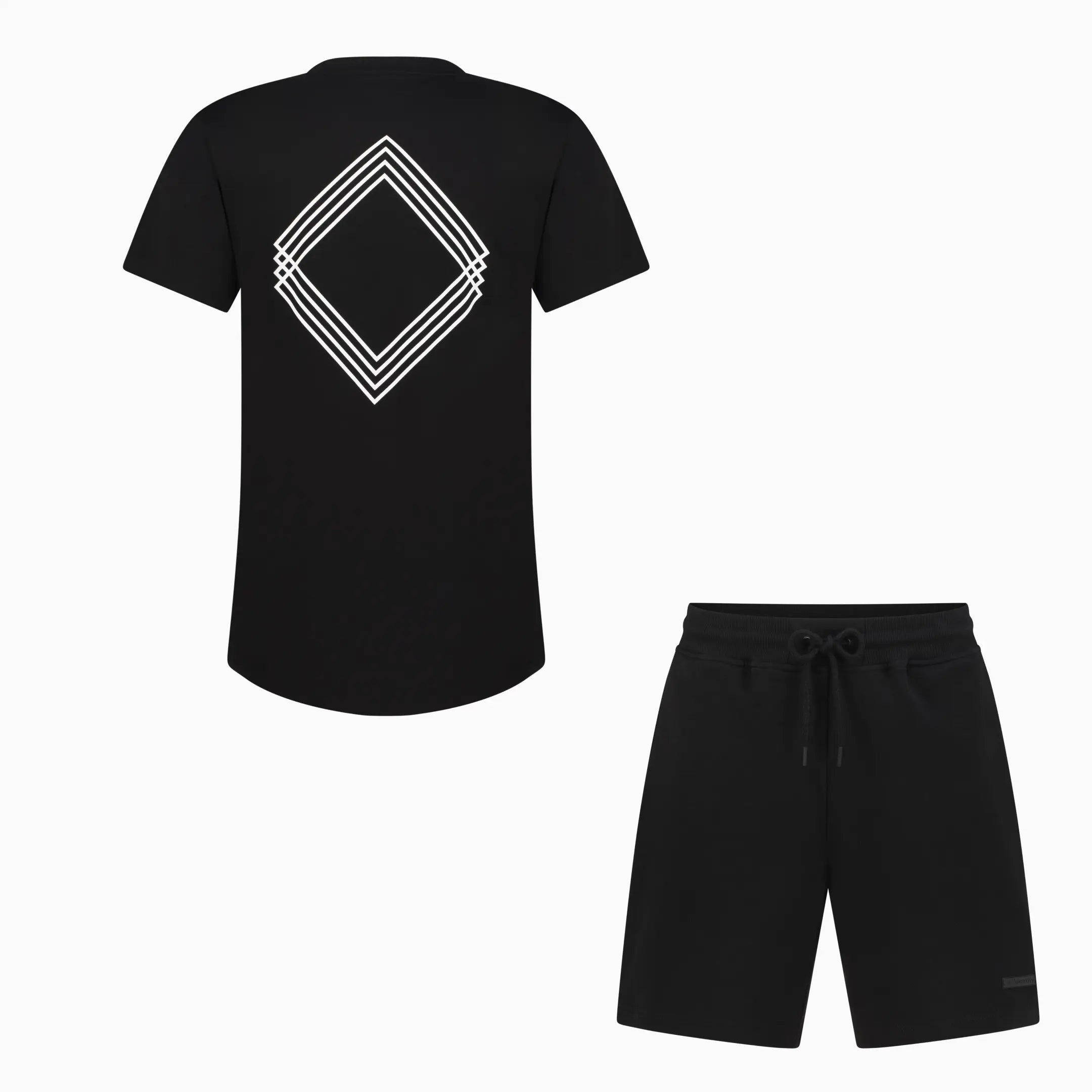 Black Unidentity T-shirt with white geometric design on the back and black shorts with drawstring
