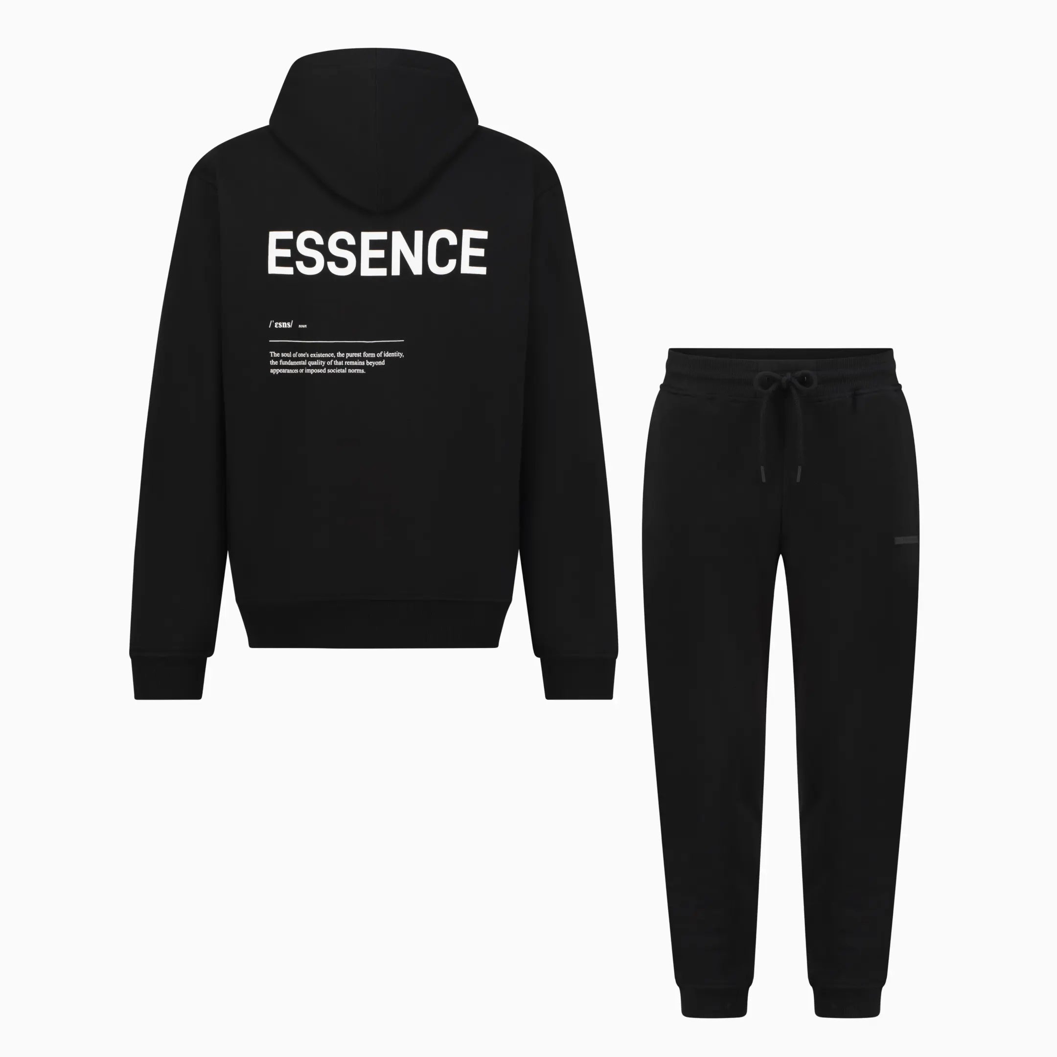 Black hoodie and pants set with white ESSENCE text