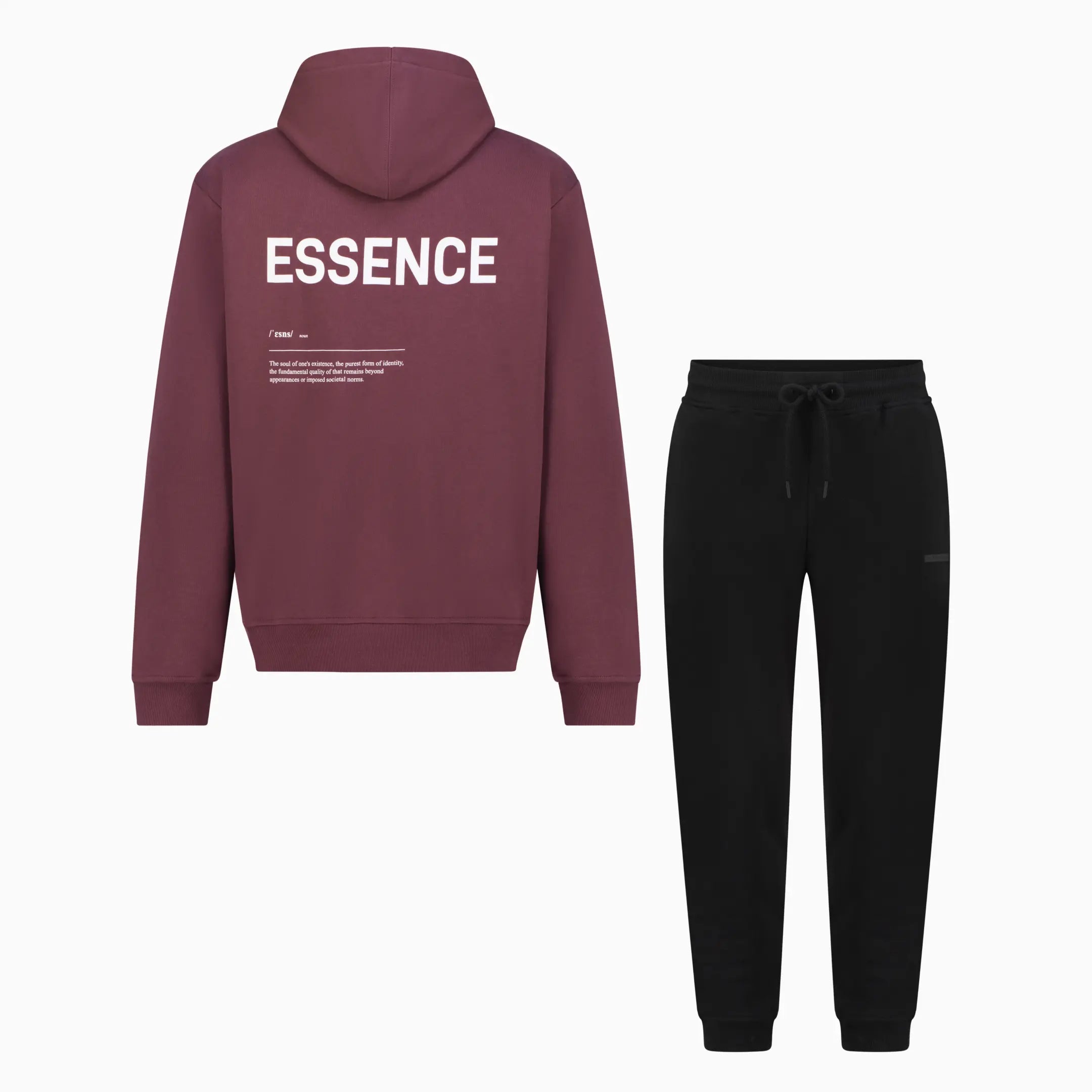 Plum hoodie with white ESSENCE text on the back and black pants