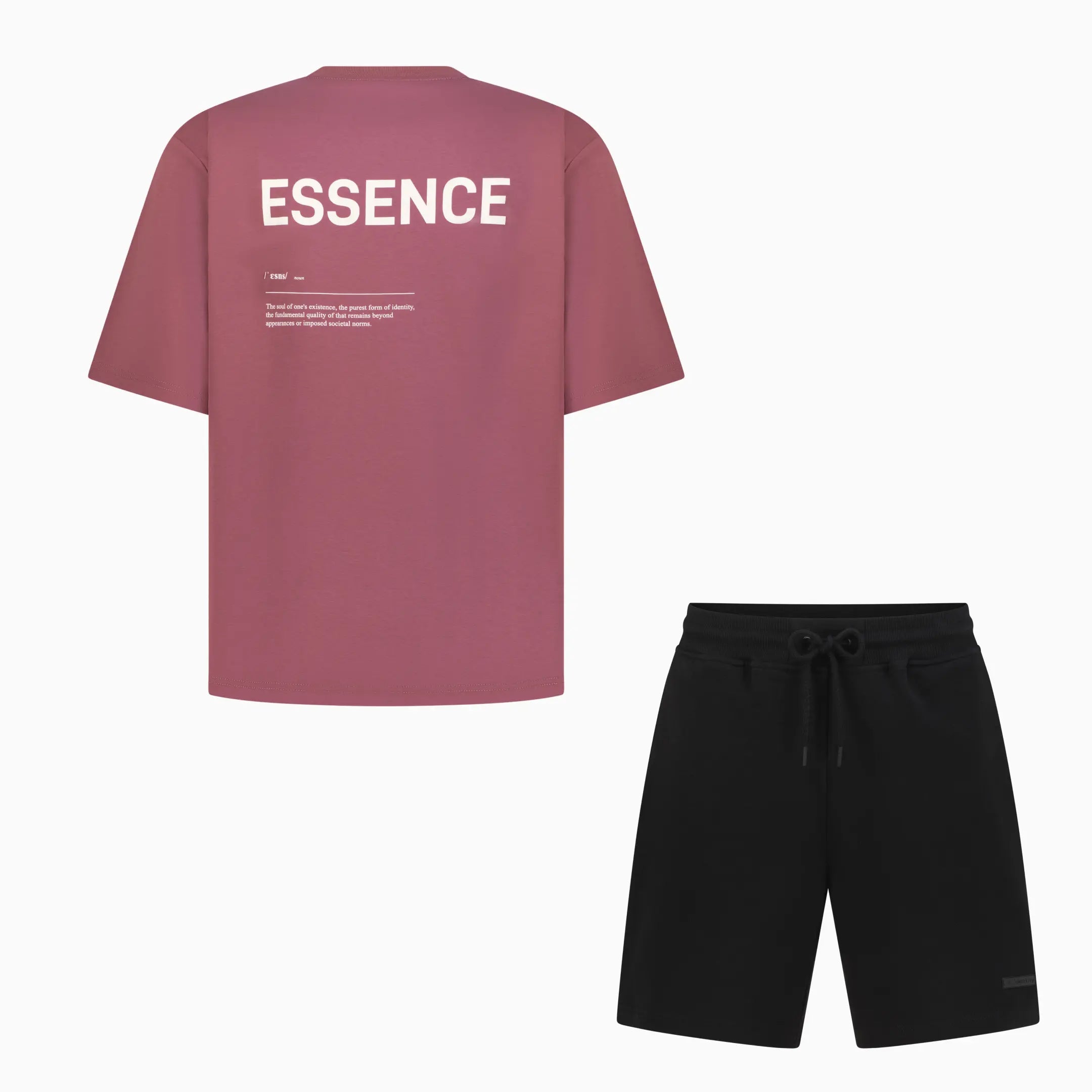 Plum T-shirt with white ESSENCE text on the back and black shorts with drawstring