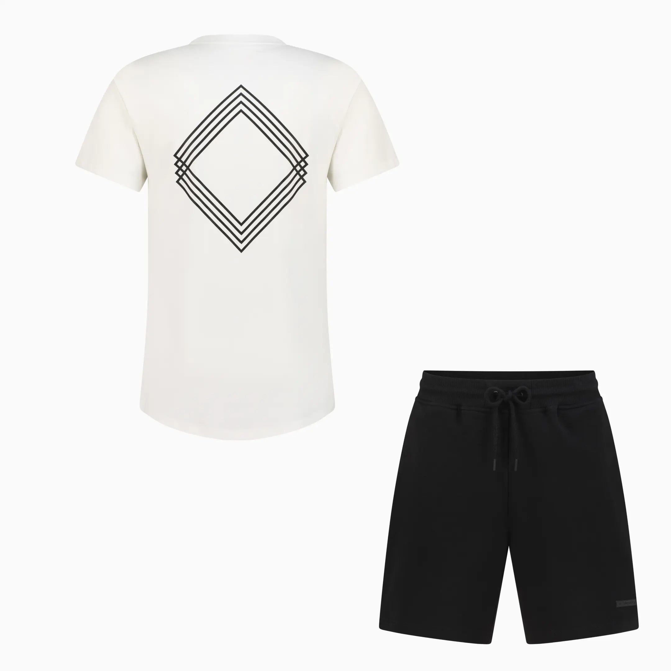 White tee with black gem Unidentity logo design on the back and black shorts