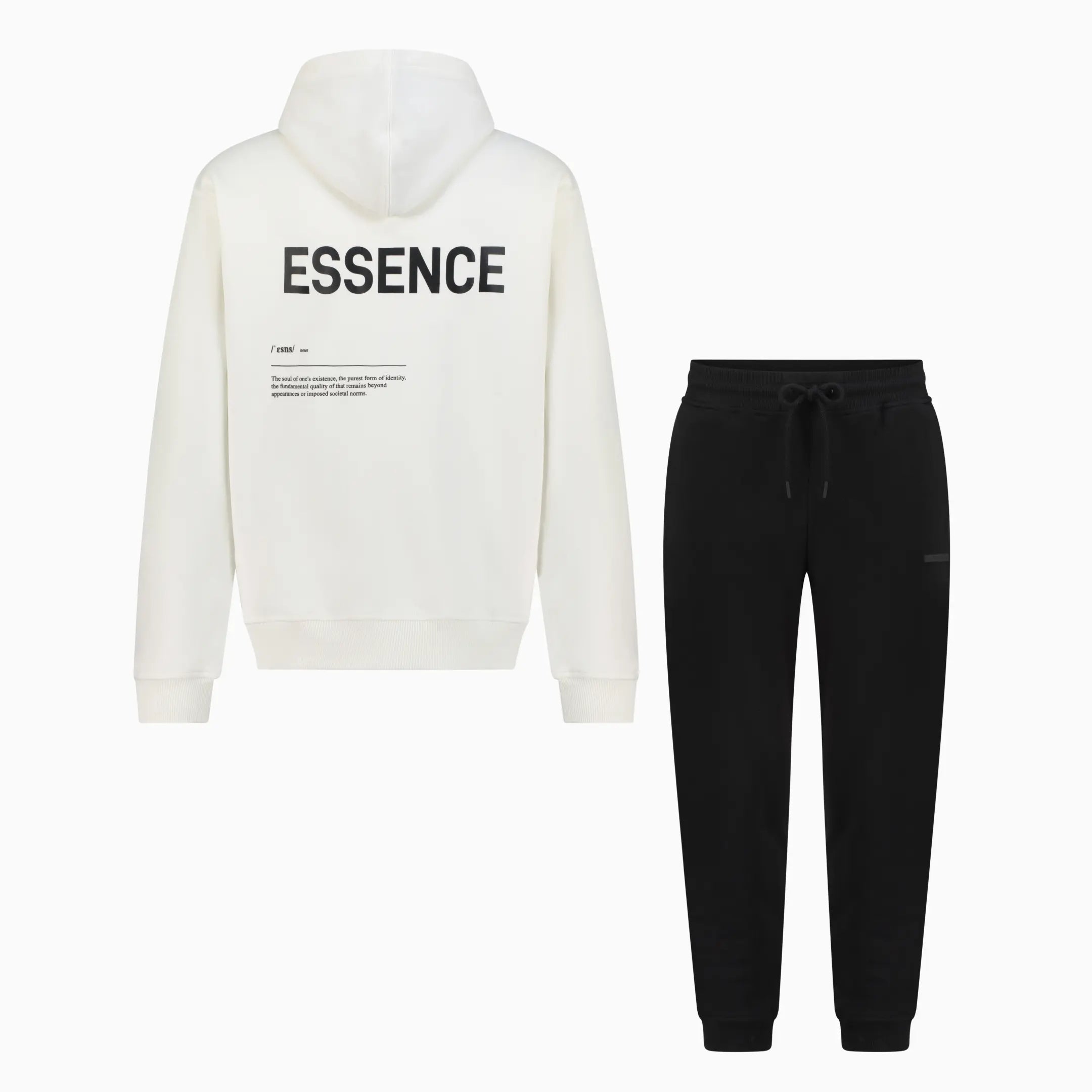 White hoodie with black ESSENCE text on the back and black pants