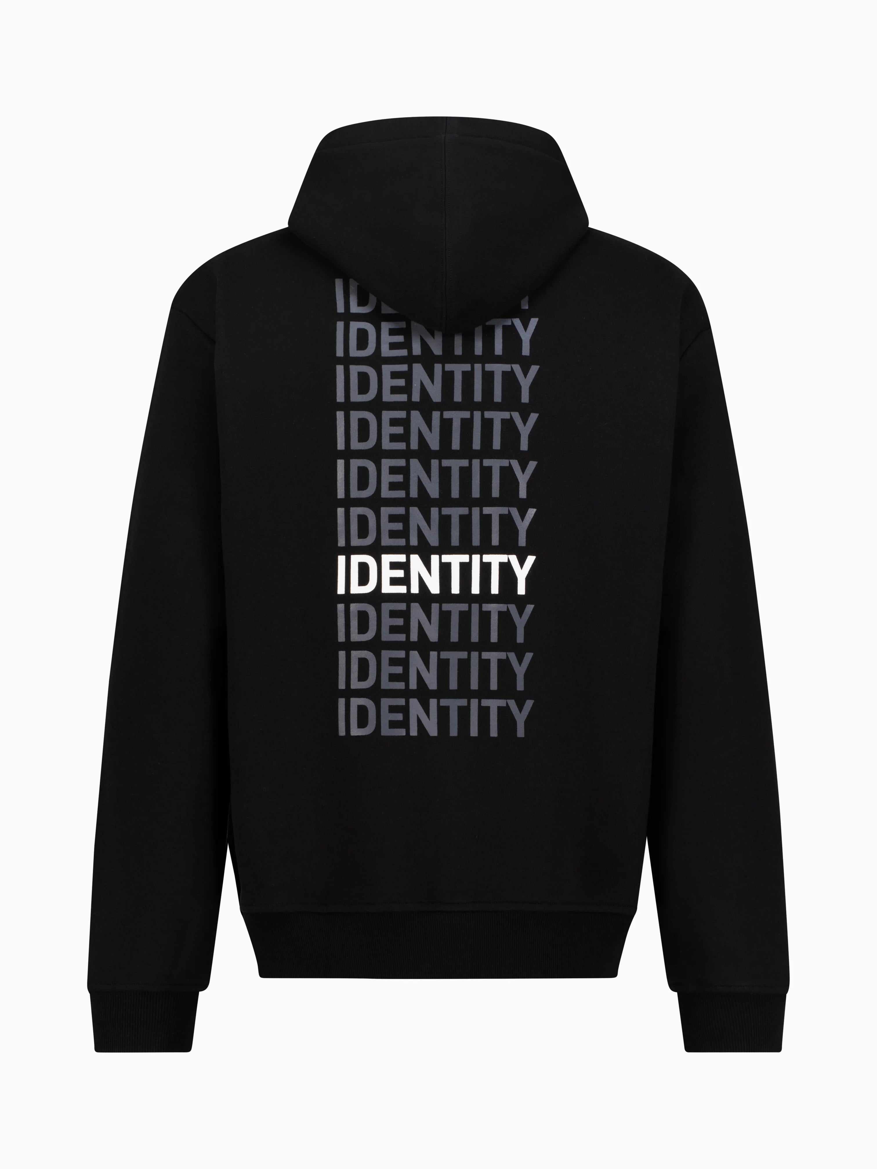 Black hoodie with identity vertically printed multiple times on the back. #color_black
