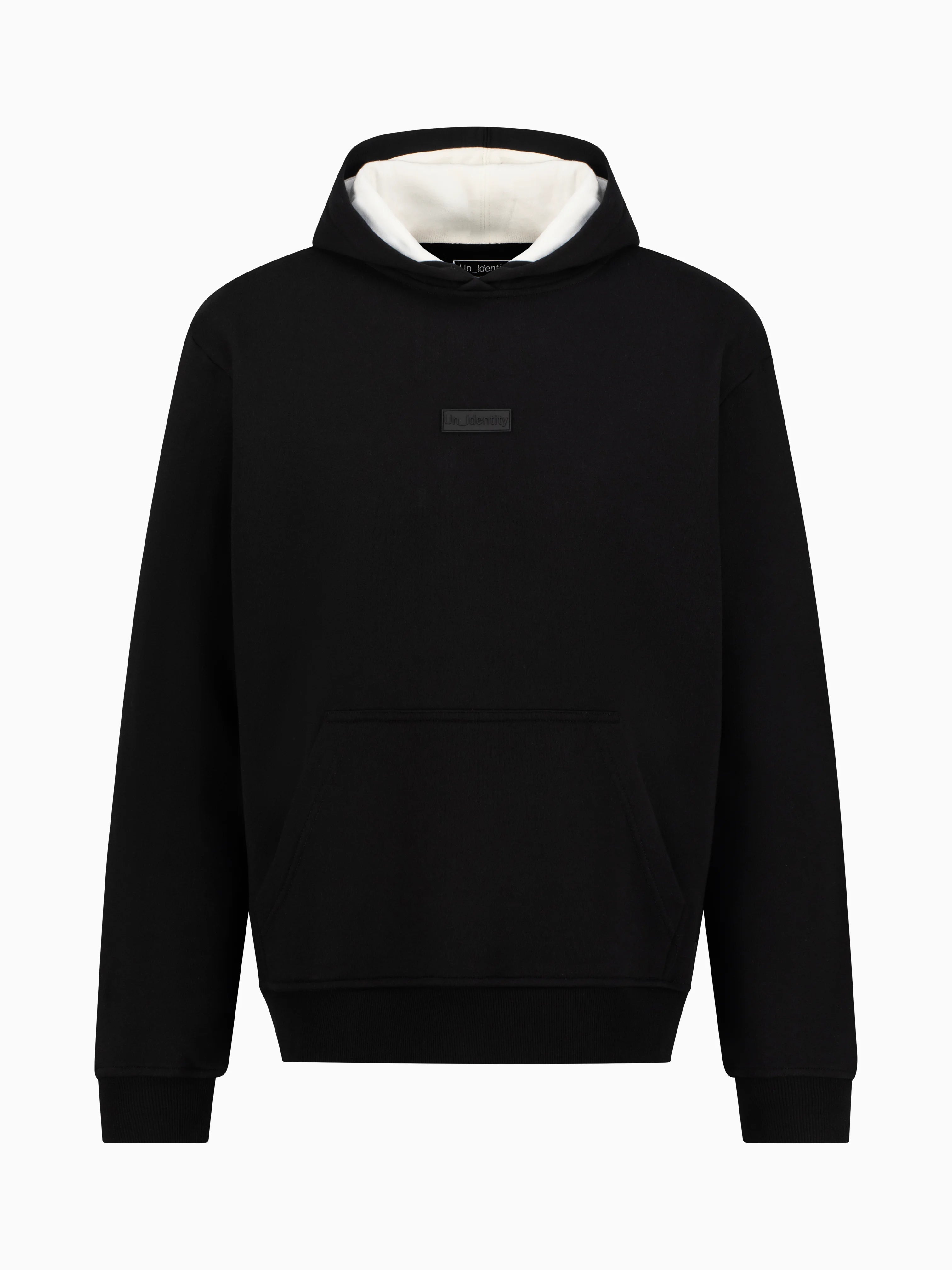 Black Unidentity hoodie with small tonal 3D patch logo on the chest. #color_black