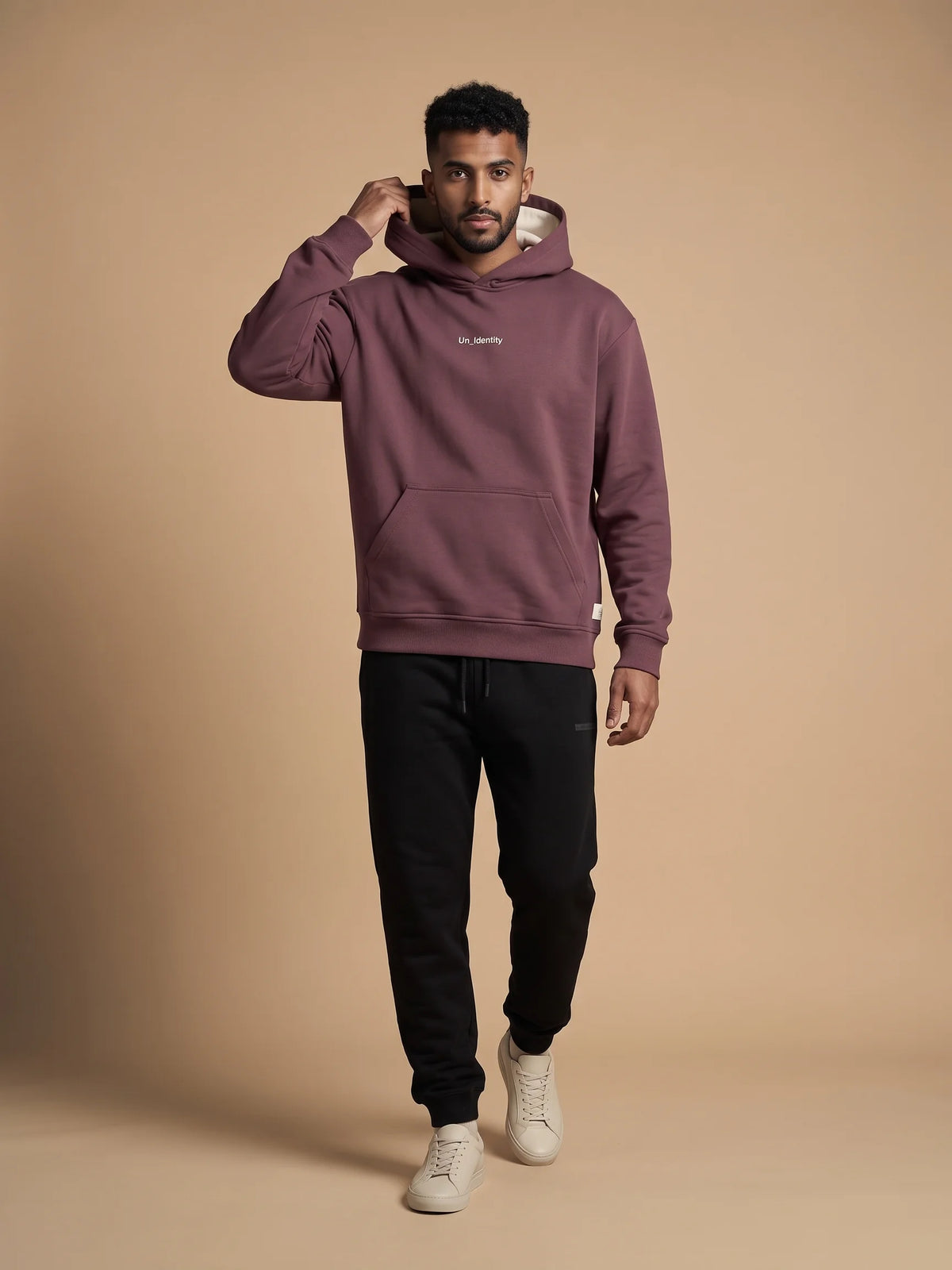 Plum regular fit hoodie, Unidentity Soul Hoodie, full-length front view worn by man styled with black Core joggers, 390gsm #color_plum