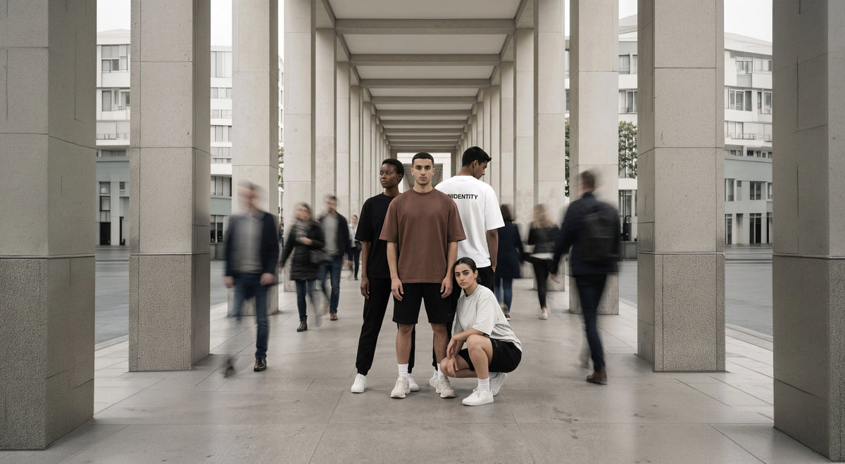 A group of four young men modeling streetwear apparel in the center of a grand, modern architectural walkway with tall concrete columns. The central figure wears a brown t-shirt and black shorts, while the others wear black, white, and brown outfits.