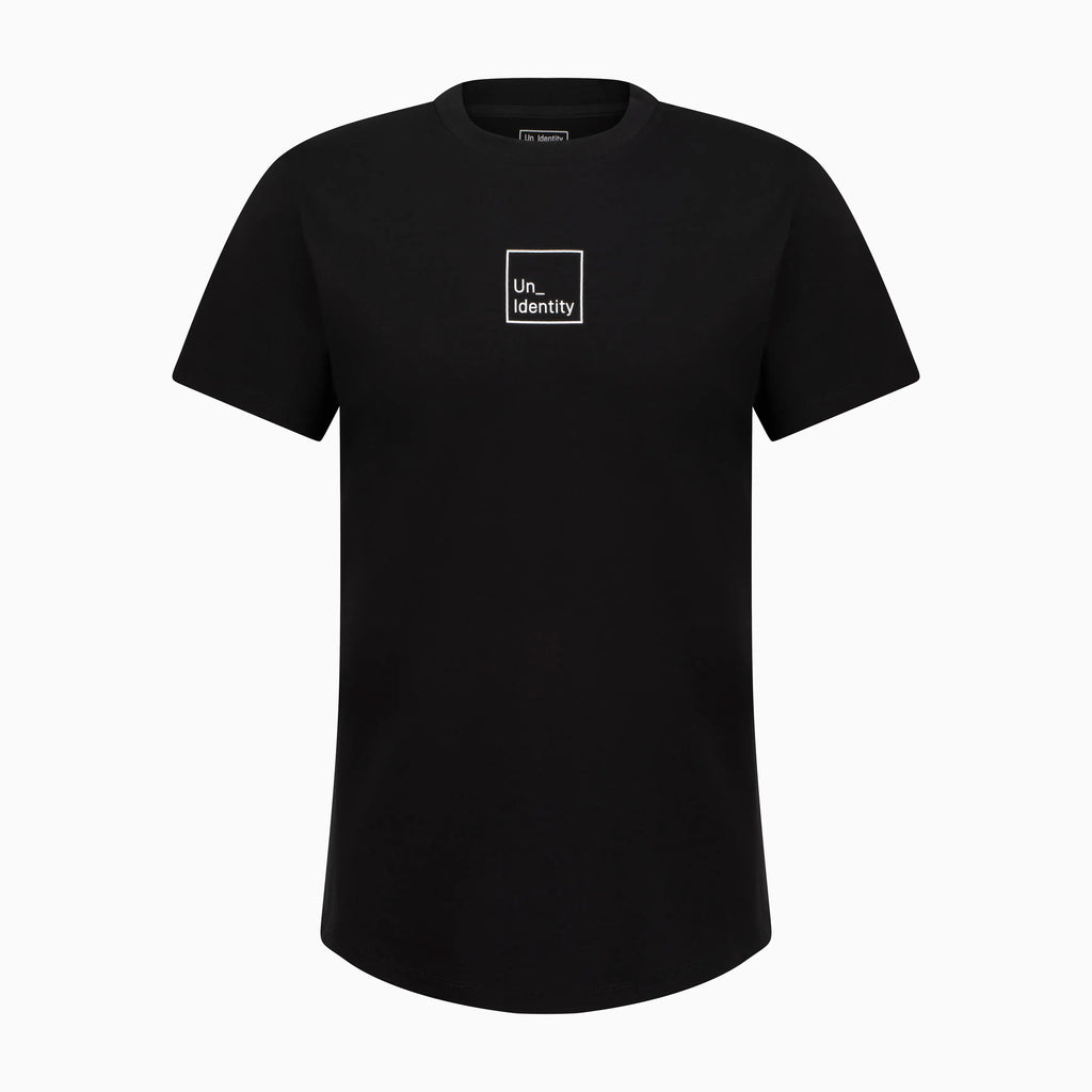Black T-shirt with square Unidentity logo on the chest 