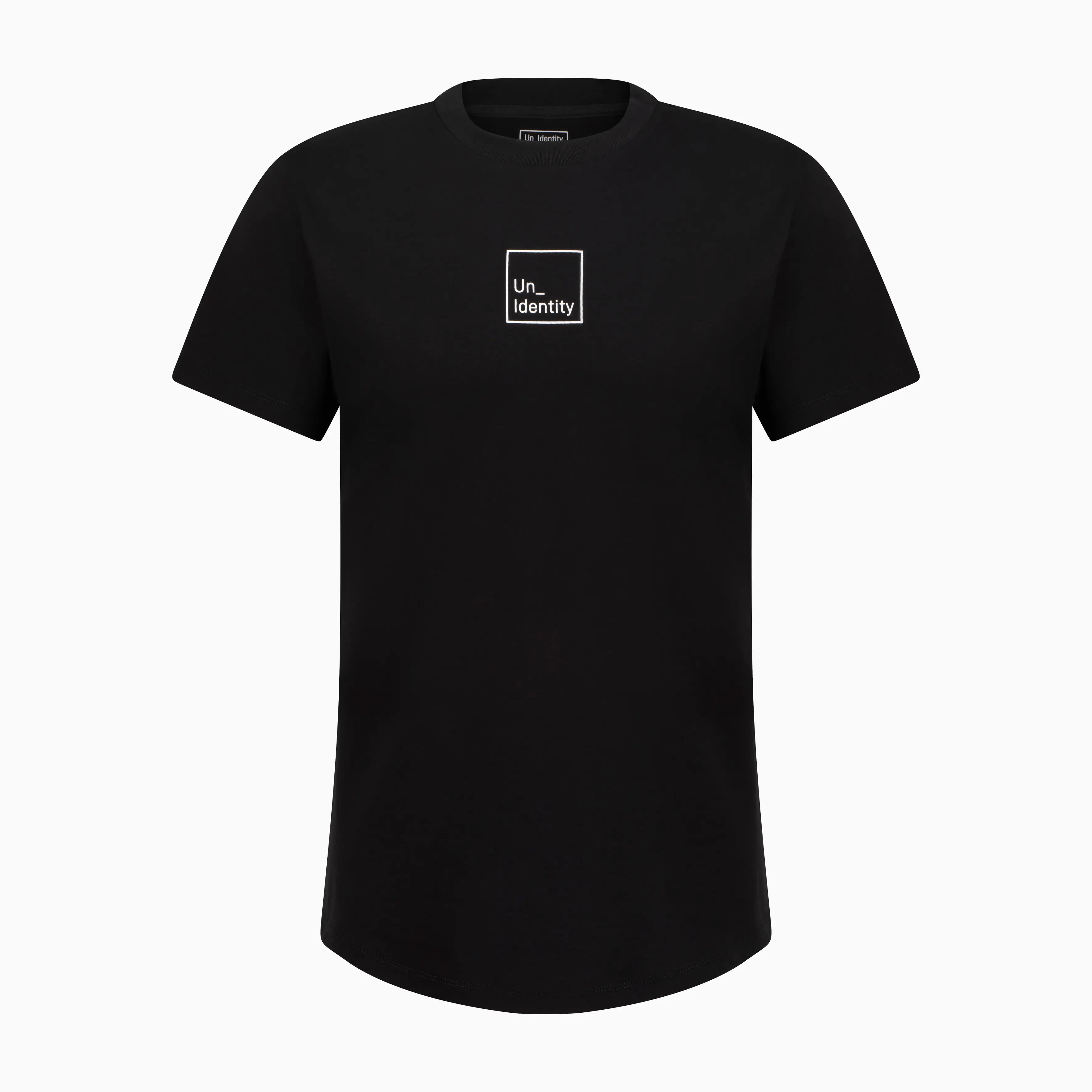 Black T-shirt with square Unidentity logo on the chest 