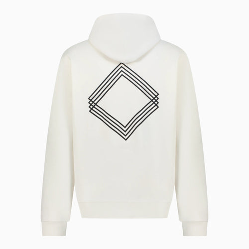 White hoodie with Gem Unidentity logo on the back 
