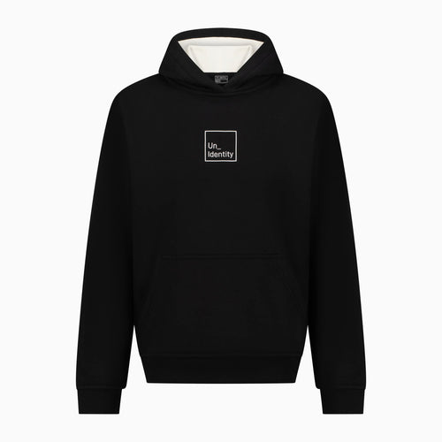 Black hoodie with white Unidentity logo on the chest 