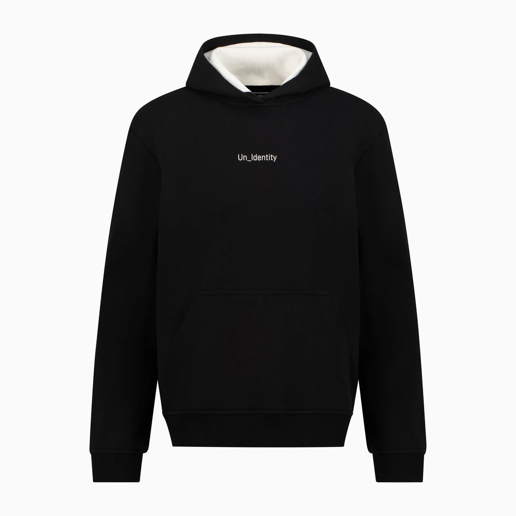 Black hoodie with white Unidentity logo on the chest 