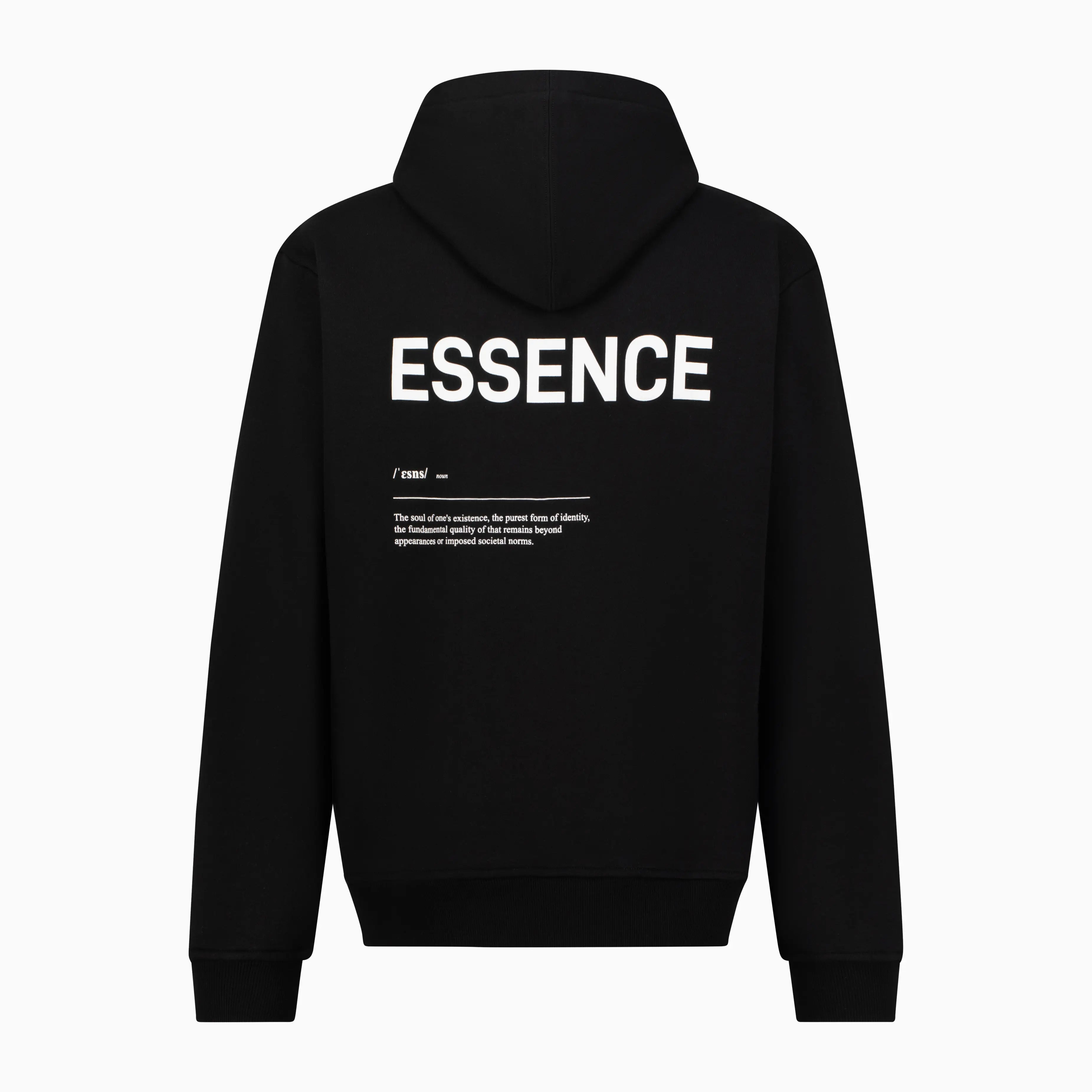 Black Unidentity hoodie with ESSENCE featuring on the back. #color_black