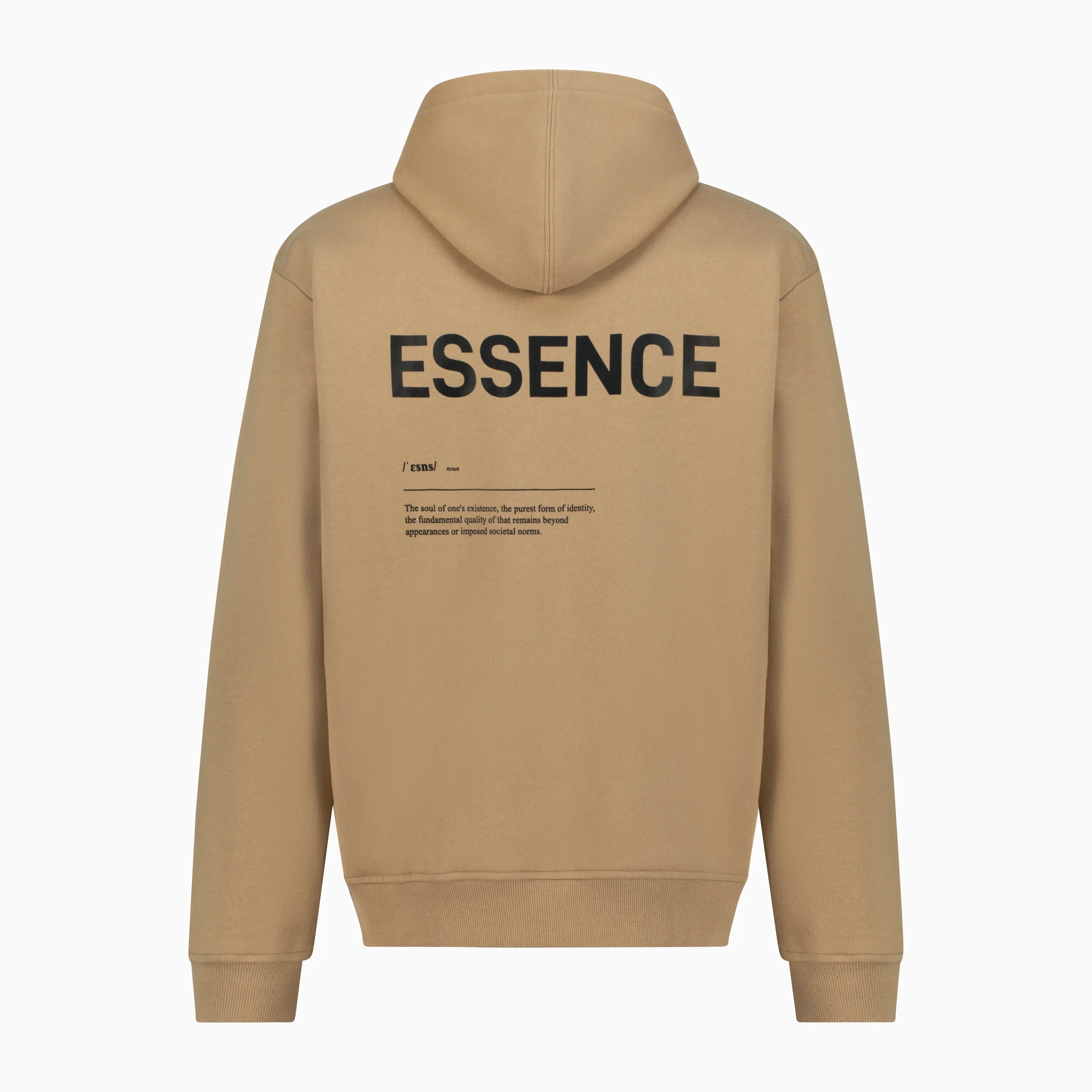 Beige Unidentity hoodie with ESSENCE text on the back. #color_beige
