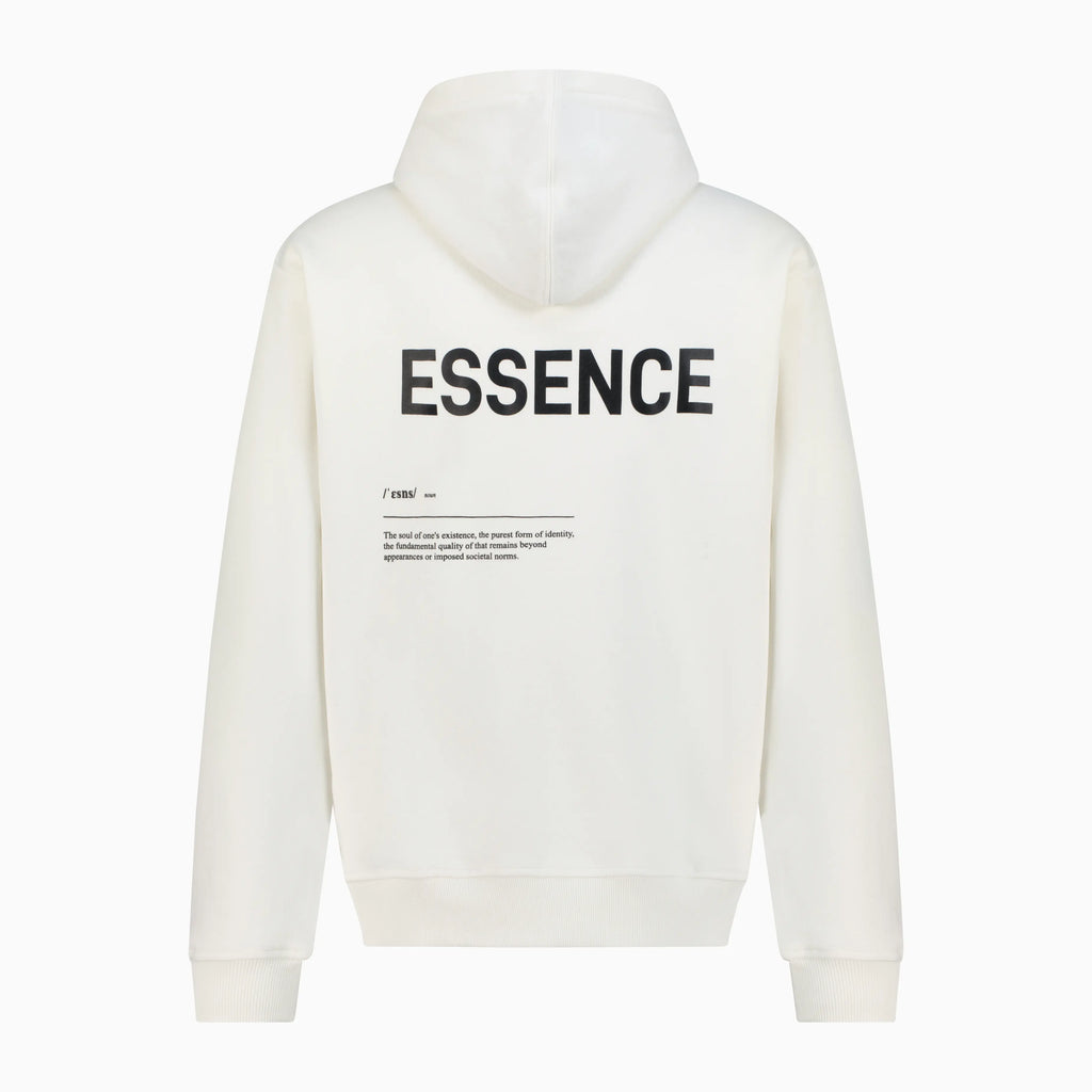 White hoodie with black ESSENCE text on the back 