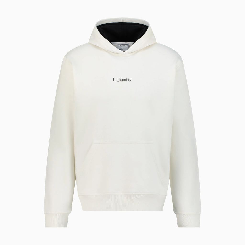 White hoodie with black Unidentity logo on the chest 