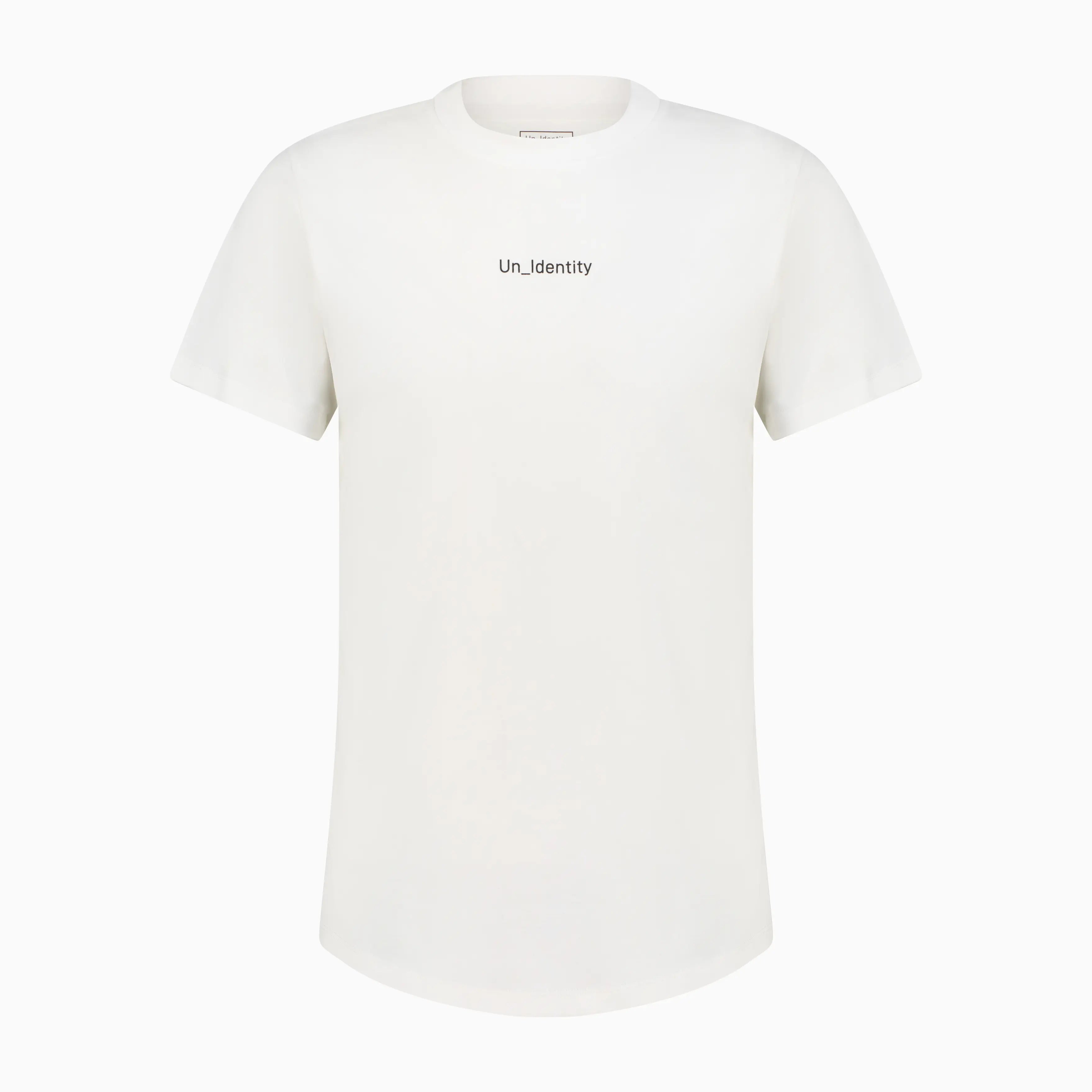 White tee with Unidentity print on the chest. #color_white
