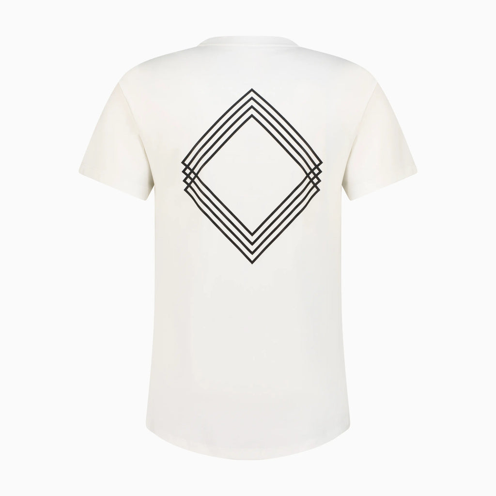 Back part of white T-shirt with black Gem Unidentity logo
